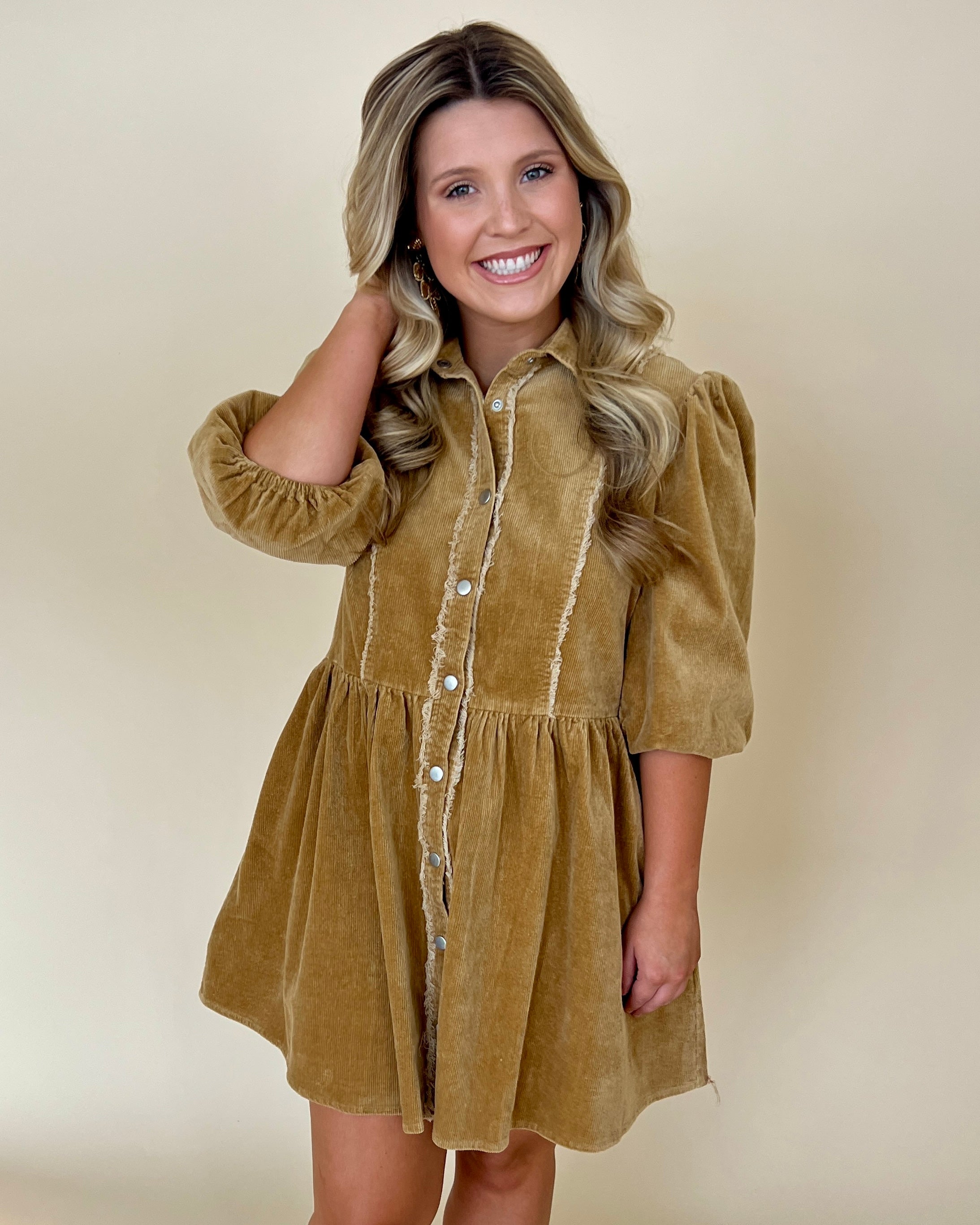 Always Cold Camel Corduroy Puff Sleeve Dress-Shop-Womens-Boutique-Clothing