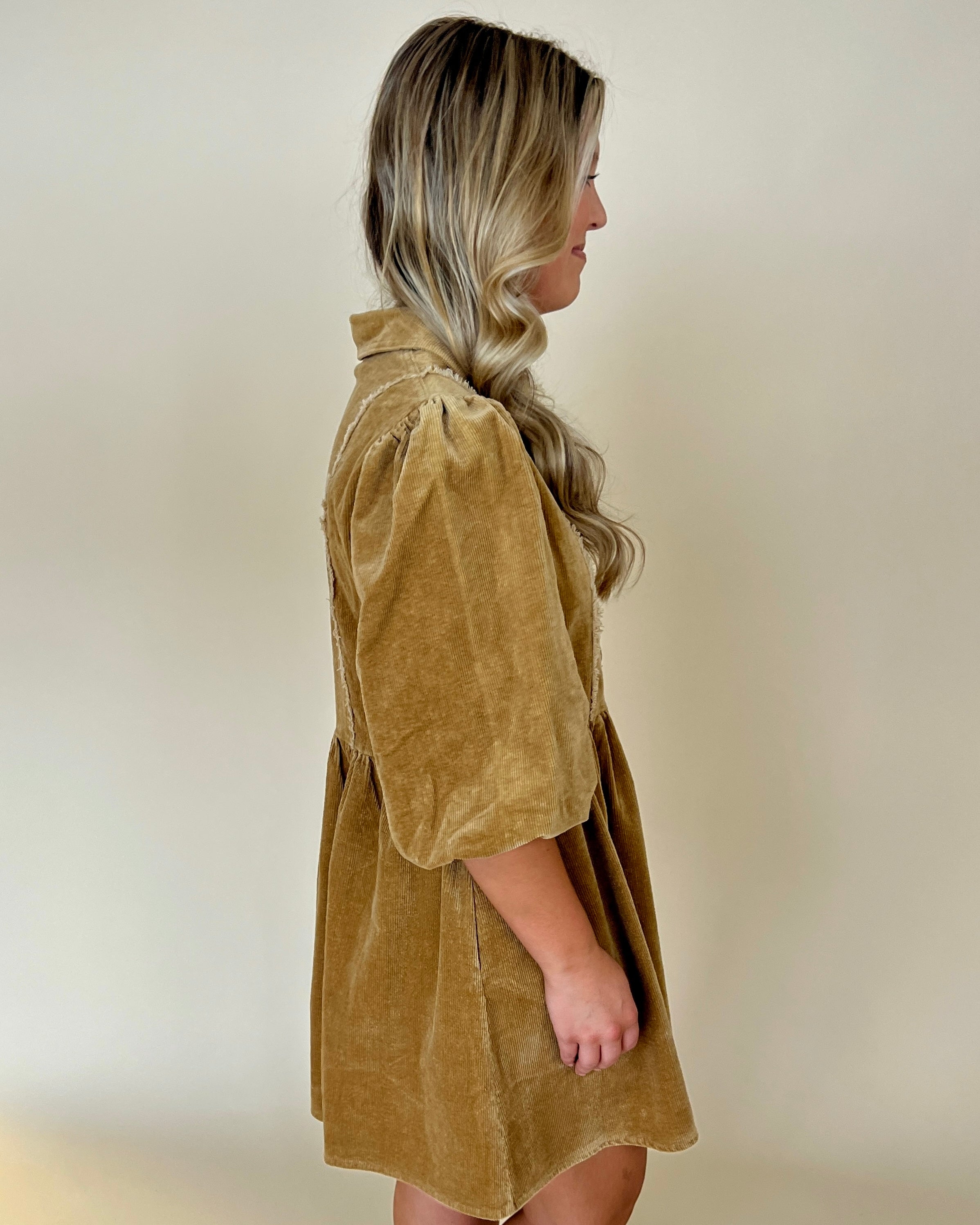 Always Cold Camel Corduroy Puff Sleeve Dress-Shop-Womens-Boutique-Clothing