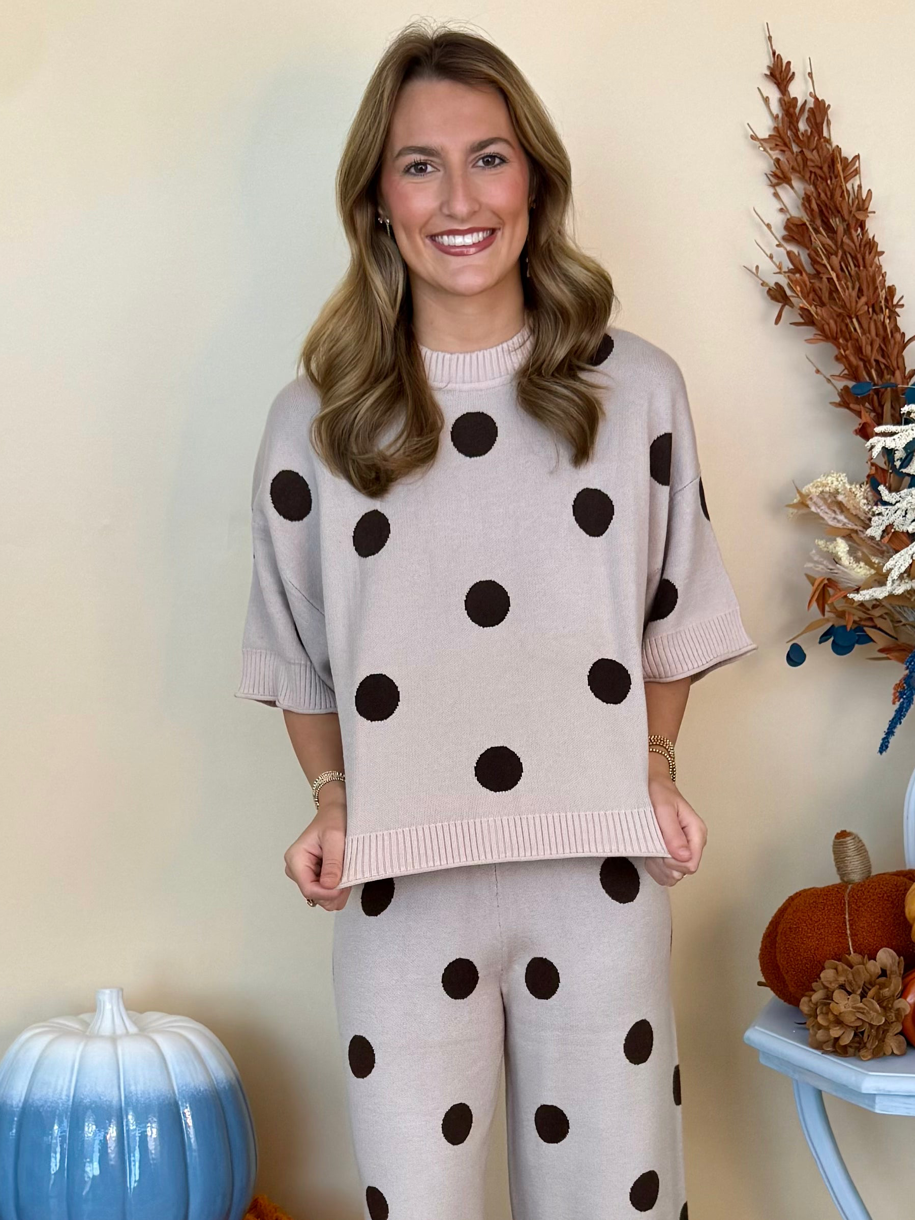 Something New Beige Polka Dot Short Sleeve Sweater-Shop-Womens-Boutique-Clothing