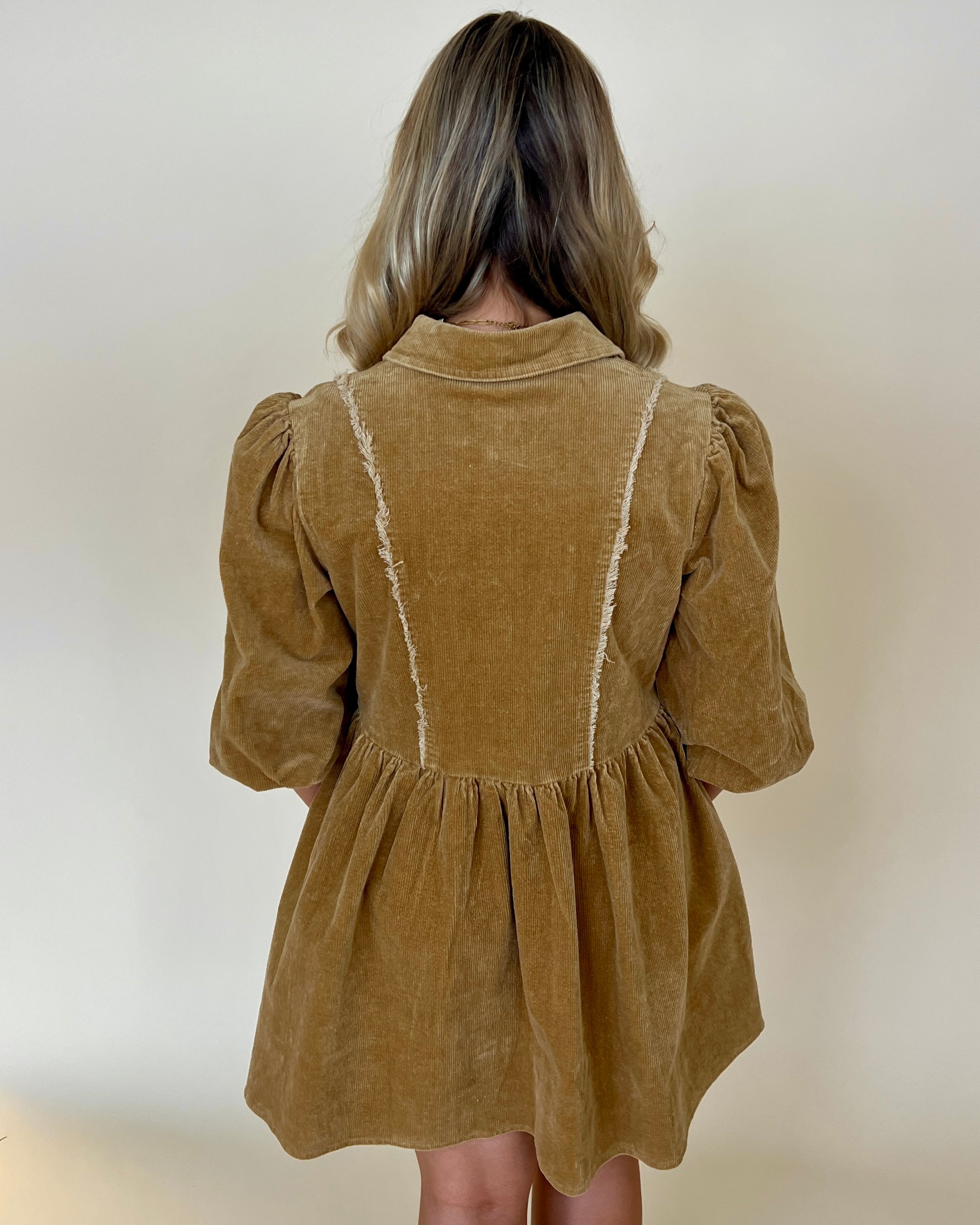 Always Cold Camel Corduroy Puff Sleeve Dress-Shop-Womens-Boutique-Clothing