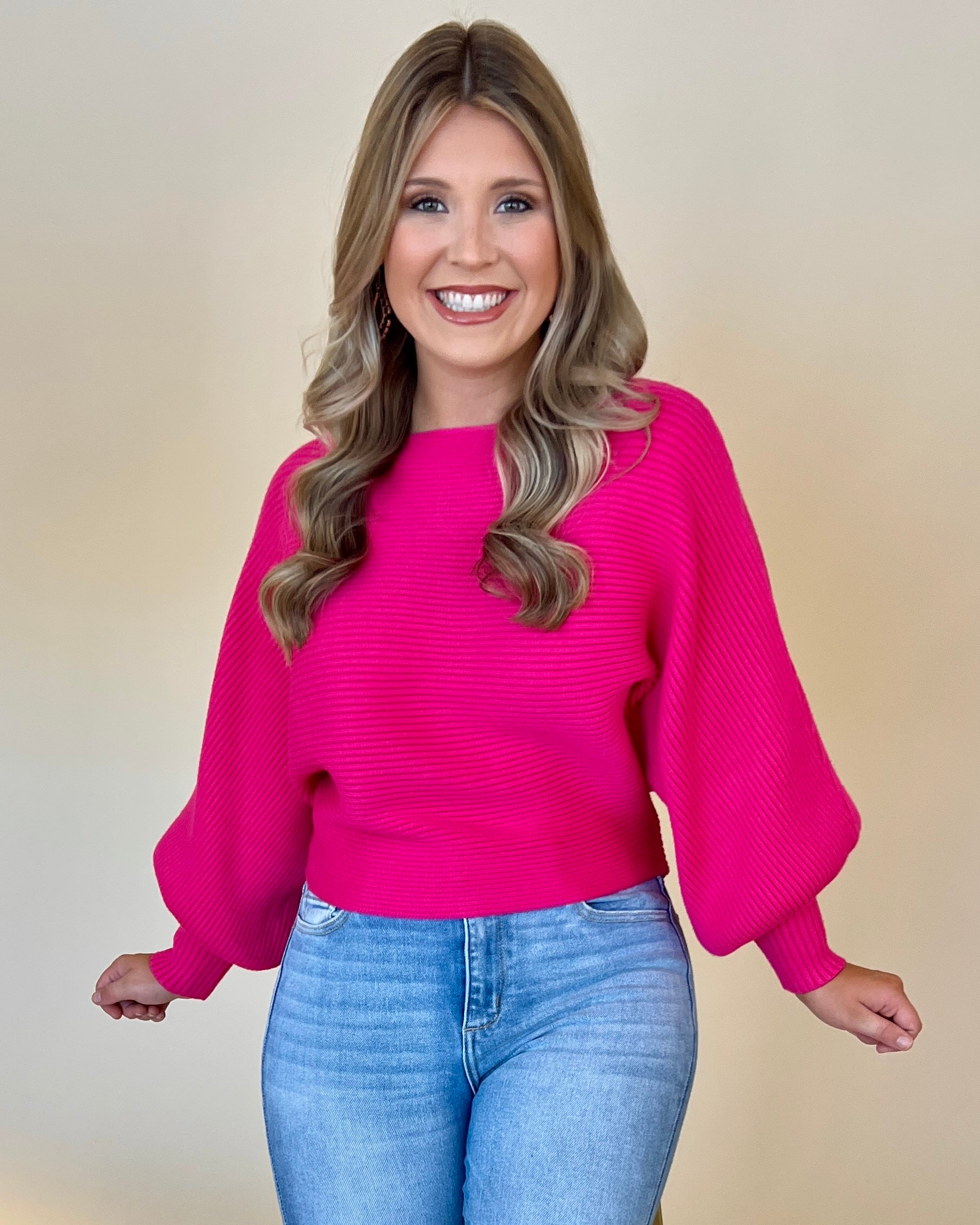 Make You Feel Hot Pink Ribbed Dolman Sweater-Shop-Womens-Boutique-Clothing
