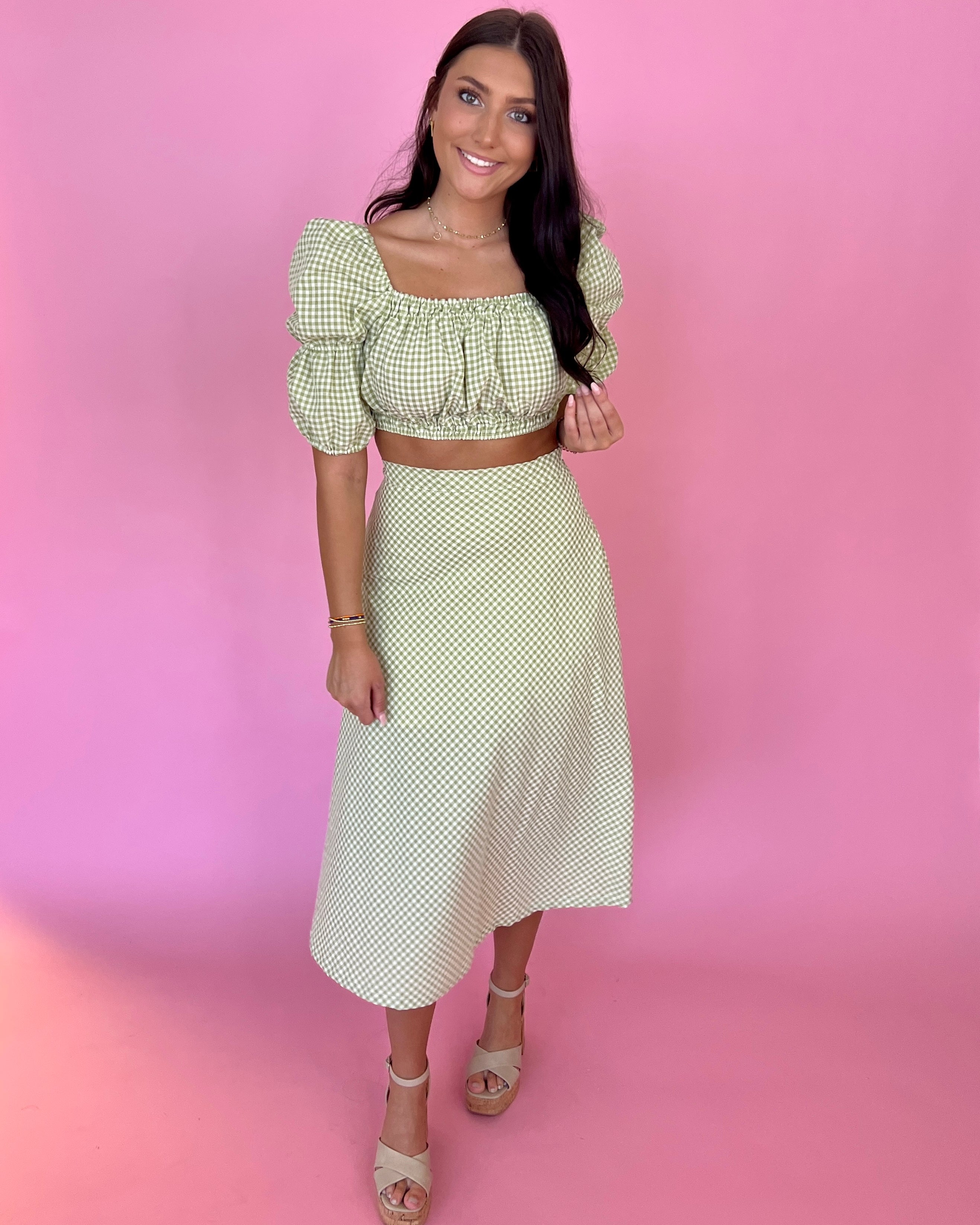 Sweet Dreams Green Gingham Puff Sleeve Cropped Top-Shop-Womens-Boutique-Clothing