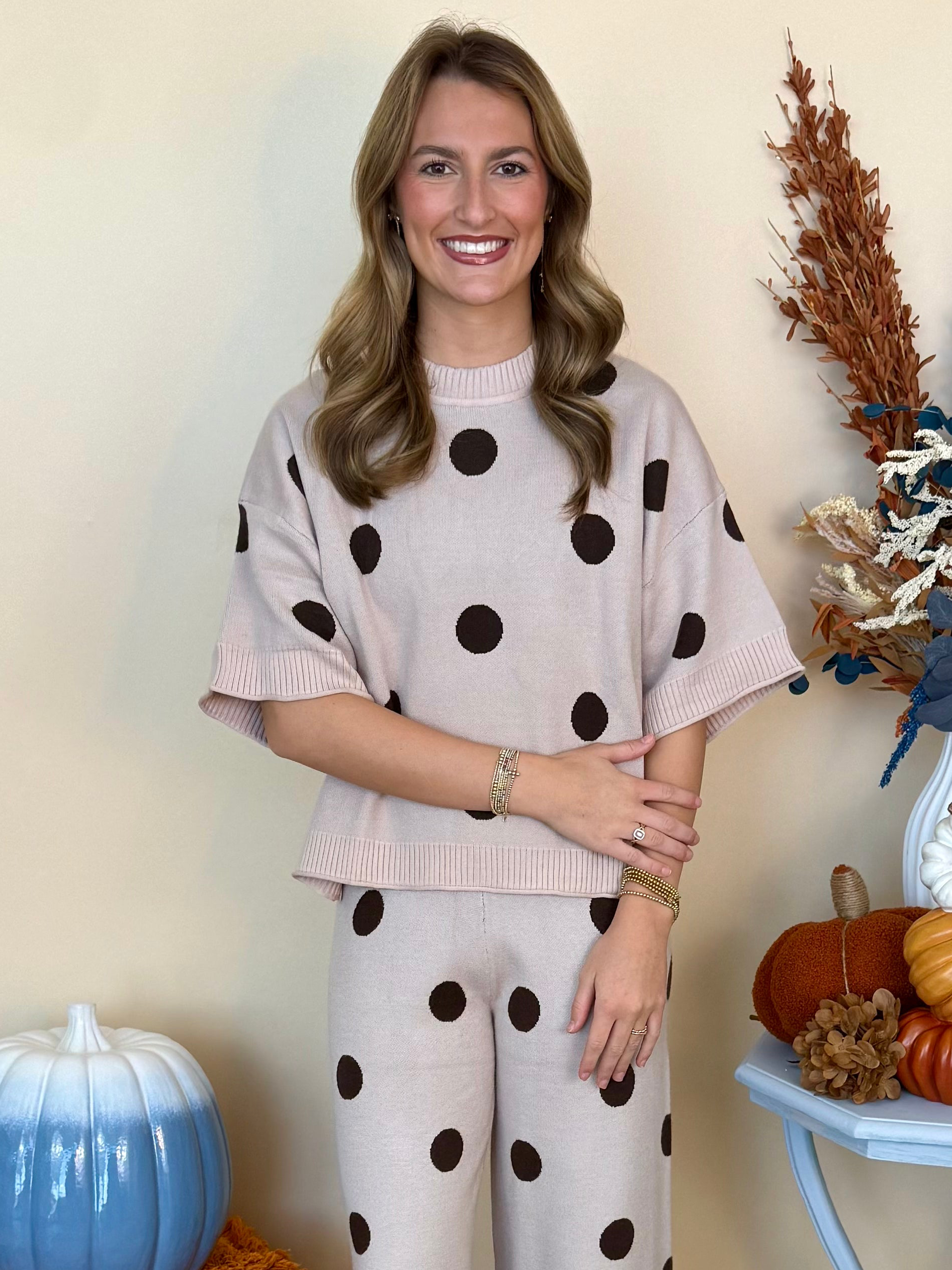 Something New Beige Polka Dot Short Sleeve Sweater-Shop-Womens-Boutique-Clothing