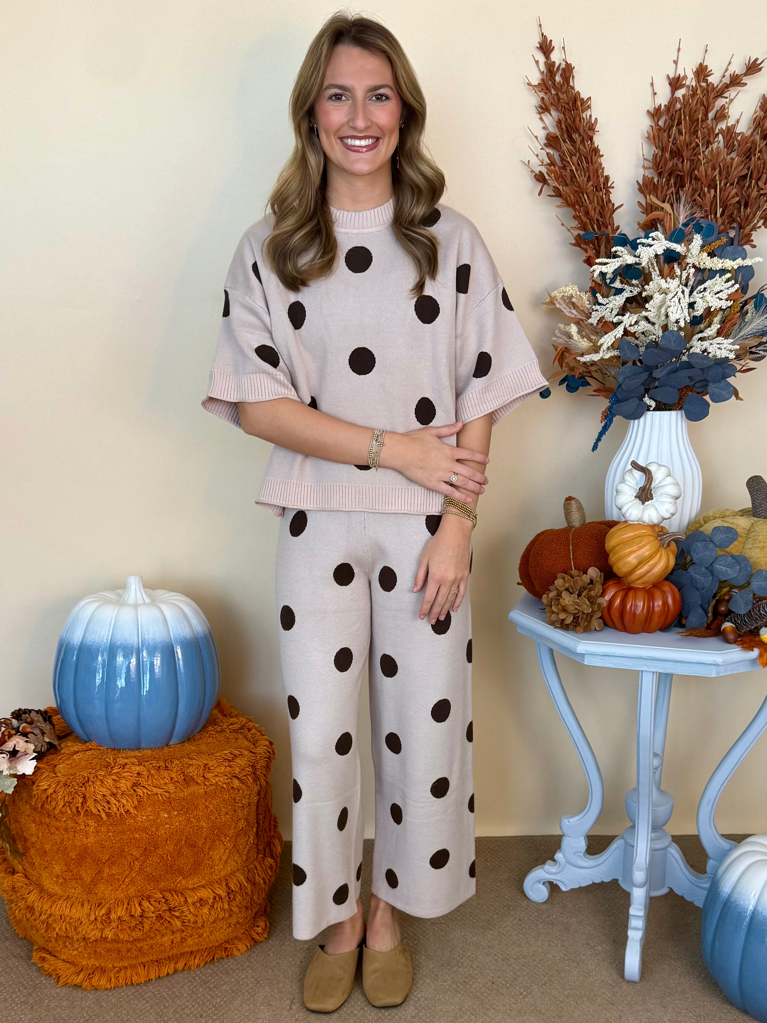 Something New Beige Polka Dot Knit Pants-Shop-Womens-Boutique-Clothing