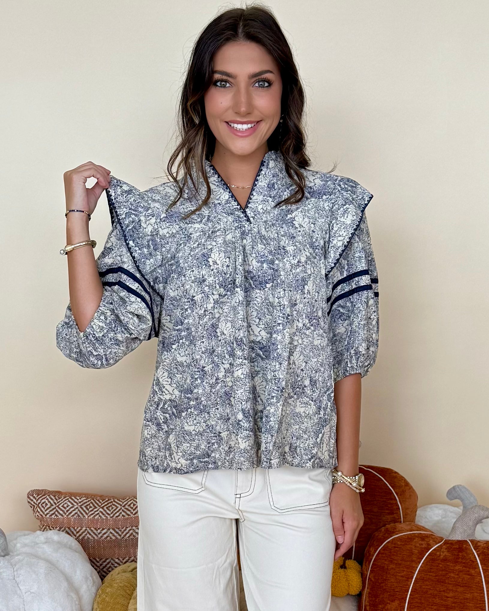What It's About Navy Print Stitch Top-Shop-Womens-Boutique-Clothing