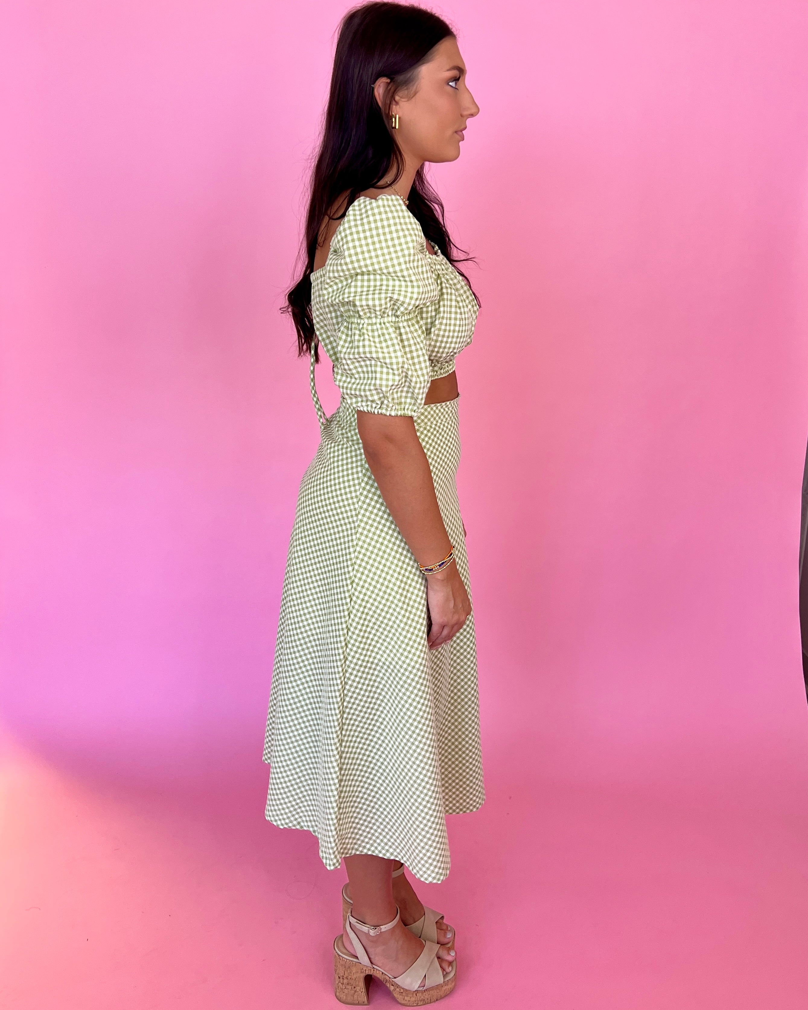 Sweet Dreams Green Gingham Puff Sleeve Cropped Top-Shop-Womens-Boutique-Clothing