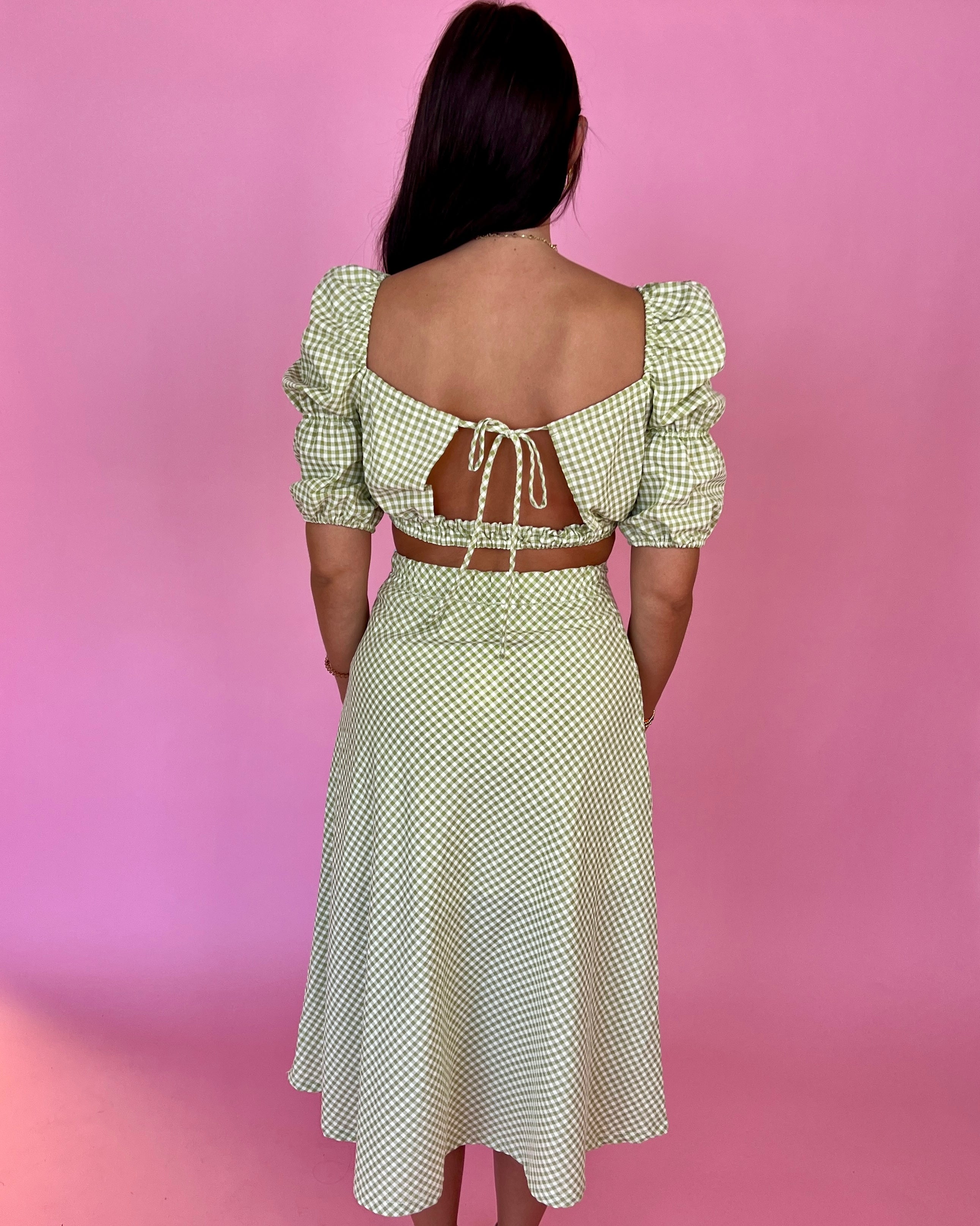 Sweet Dreams Green Gingham Puff Sleeve Cropped Top-Shop-Womens-Boutique-Clothing
