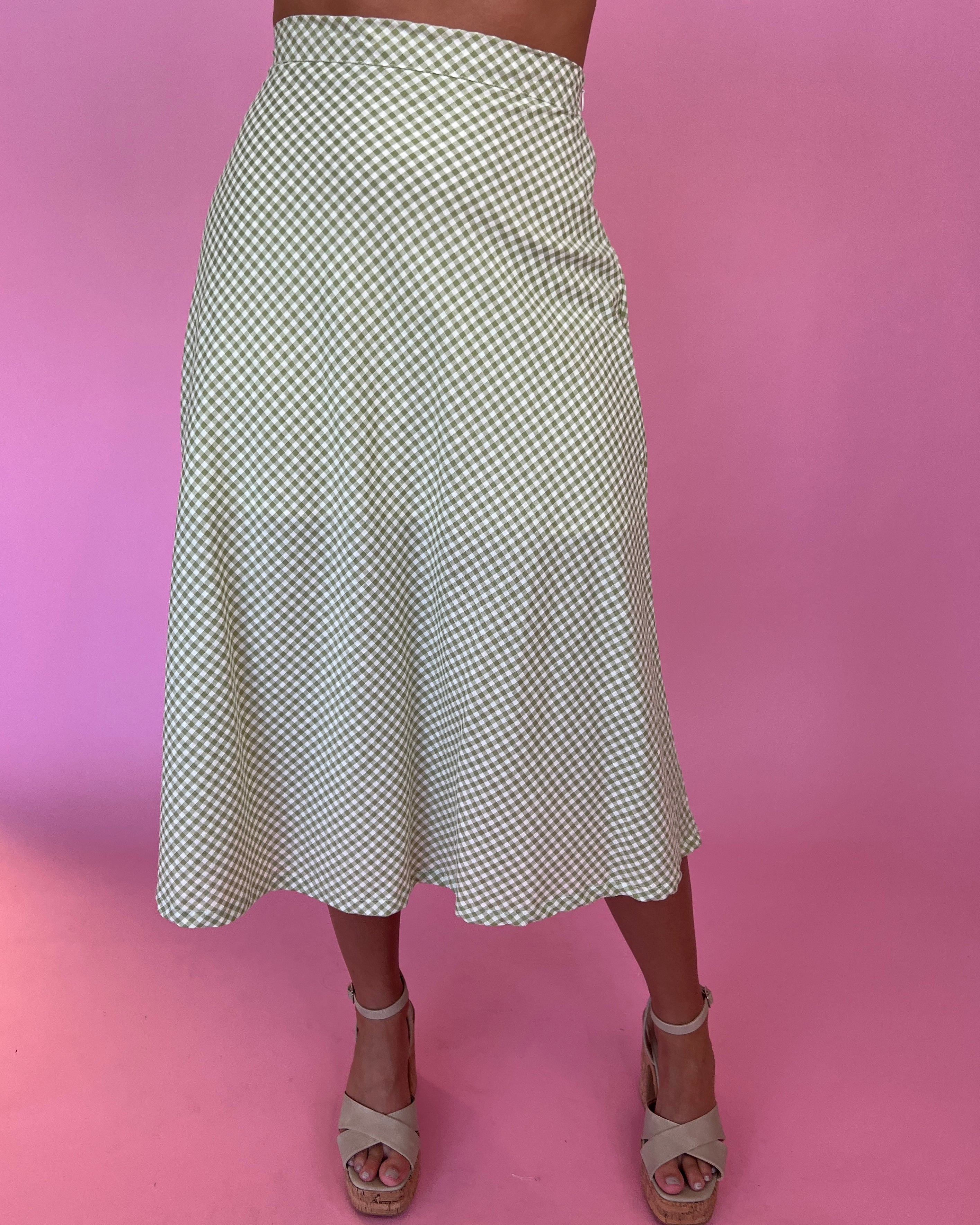 Sweet Dreams Green Gingham A-line Midi Skirt-Shop-Womens-Boutique-Clothing