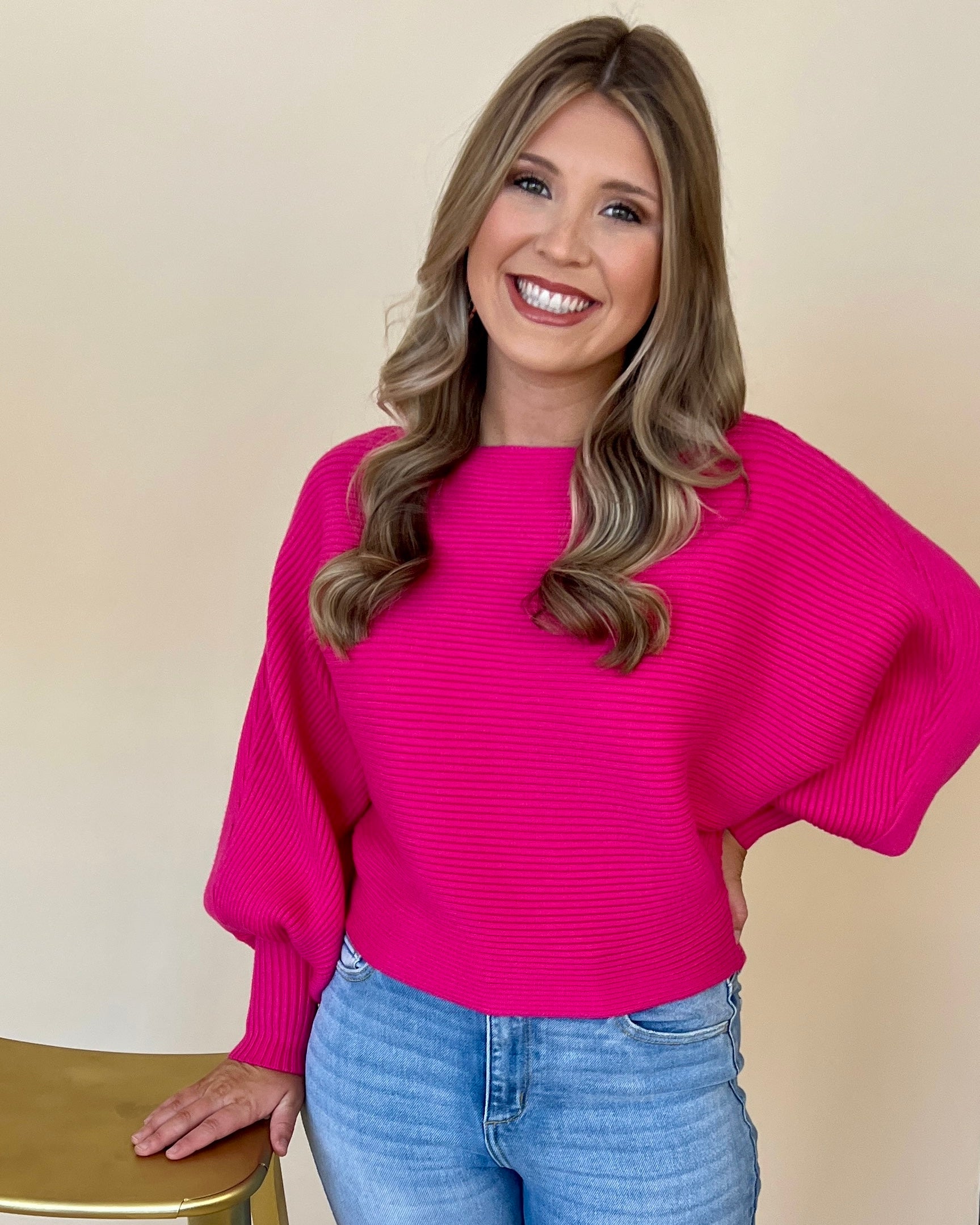 Make You Feel Hot Pink Ribbed Dolman Sweater-Shop-Womens-Boutique-Clothing