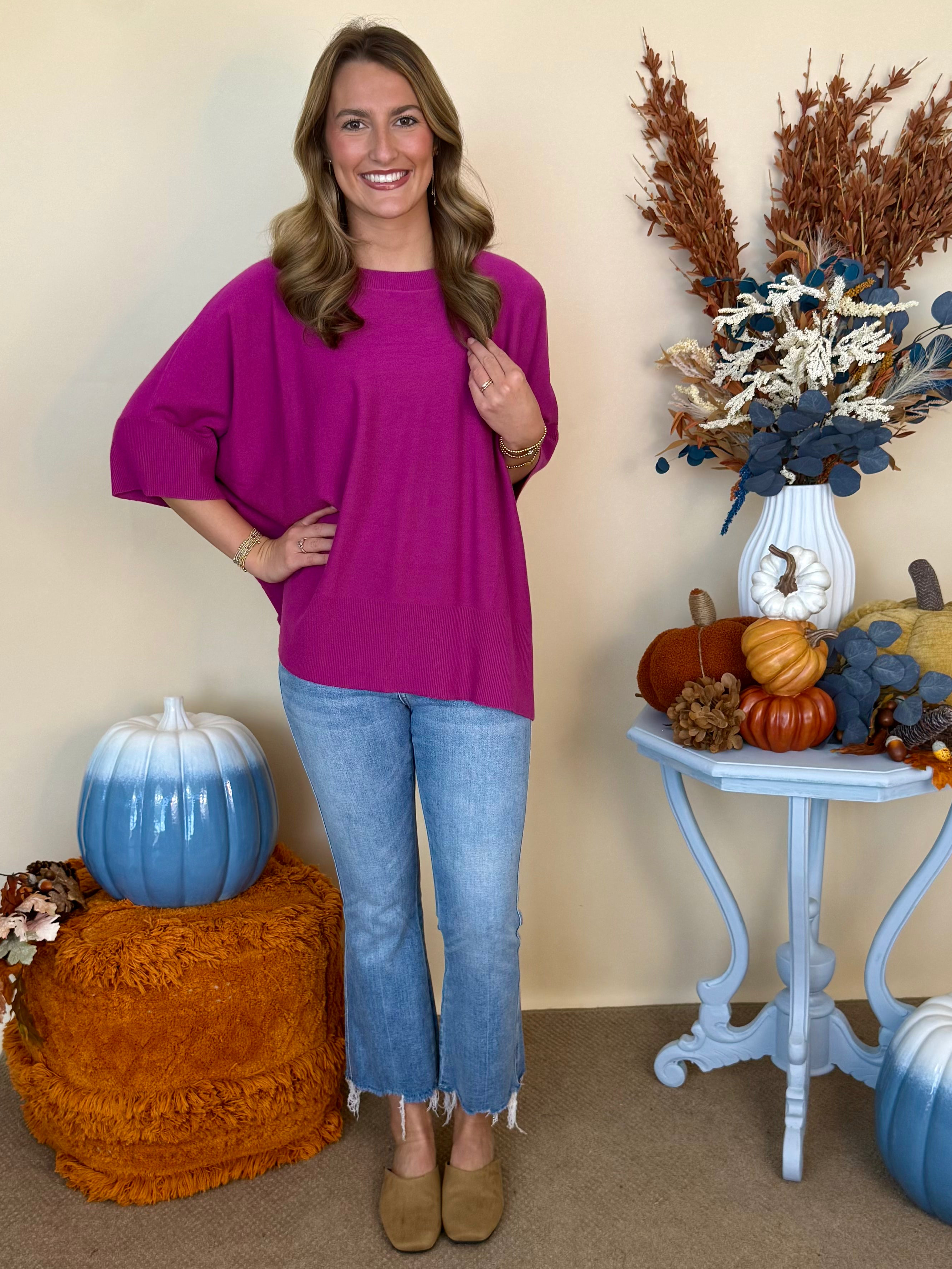 Go On Magenta Half Sleeve Oversized Sweater-Shop-Womens-Boutique-Clothing