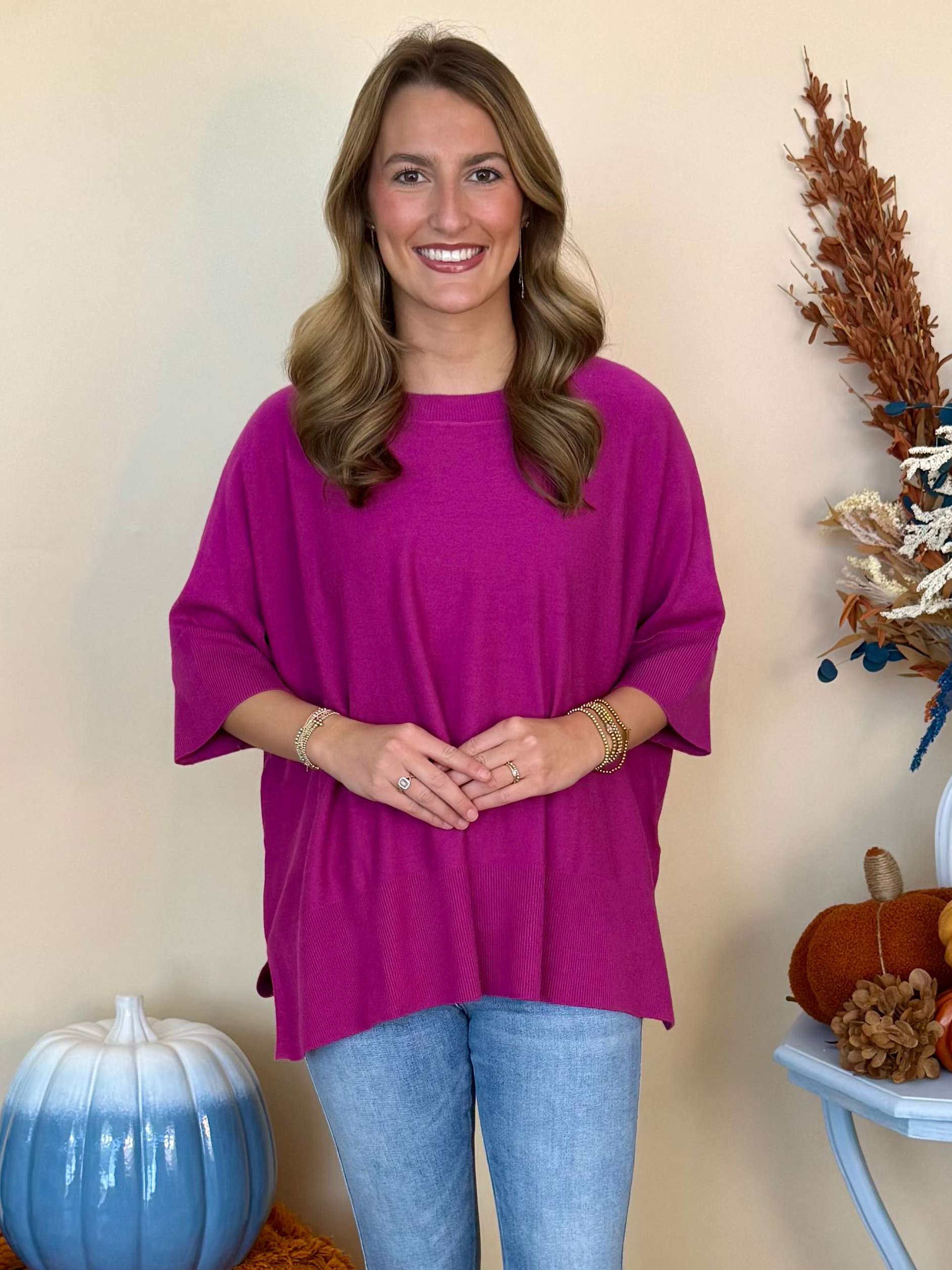 Go On Magenta Half Sleeve Oversized Sweater-Shop-Womens-Boutique-Clothing