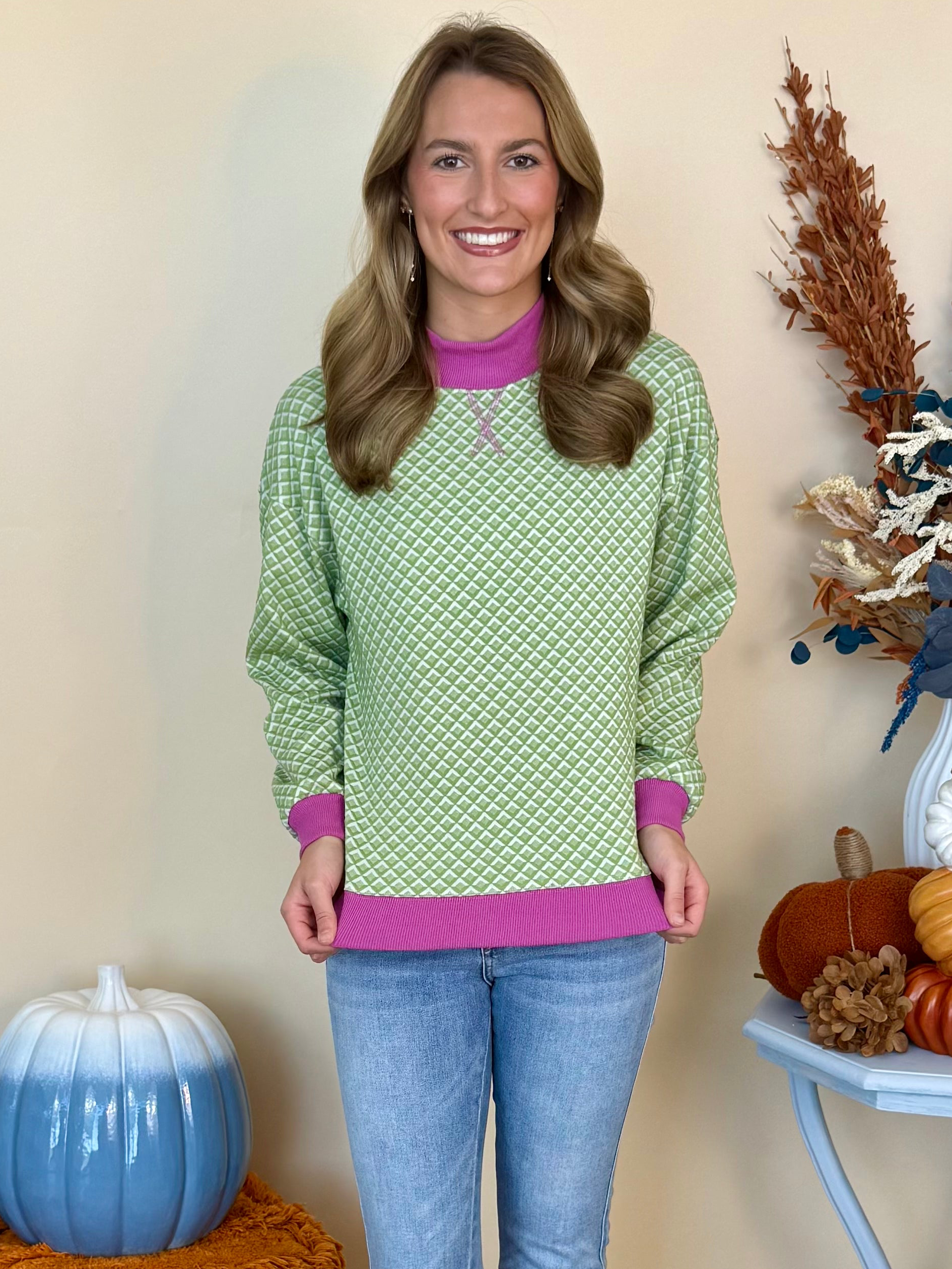 Woodland Charm Lt. Olive Jacquard Sweatshirt-Shop-Womens-Boutique-Clothing
