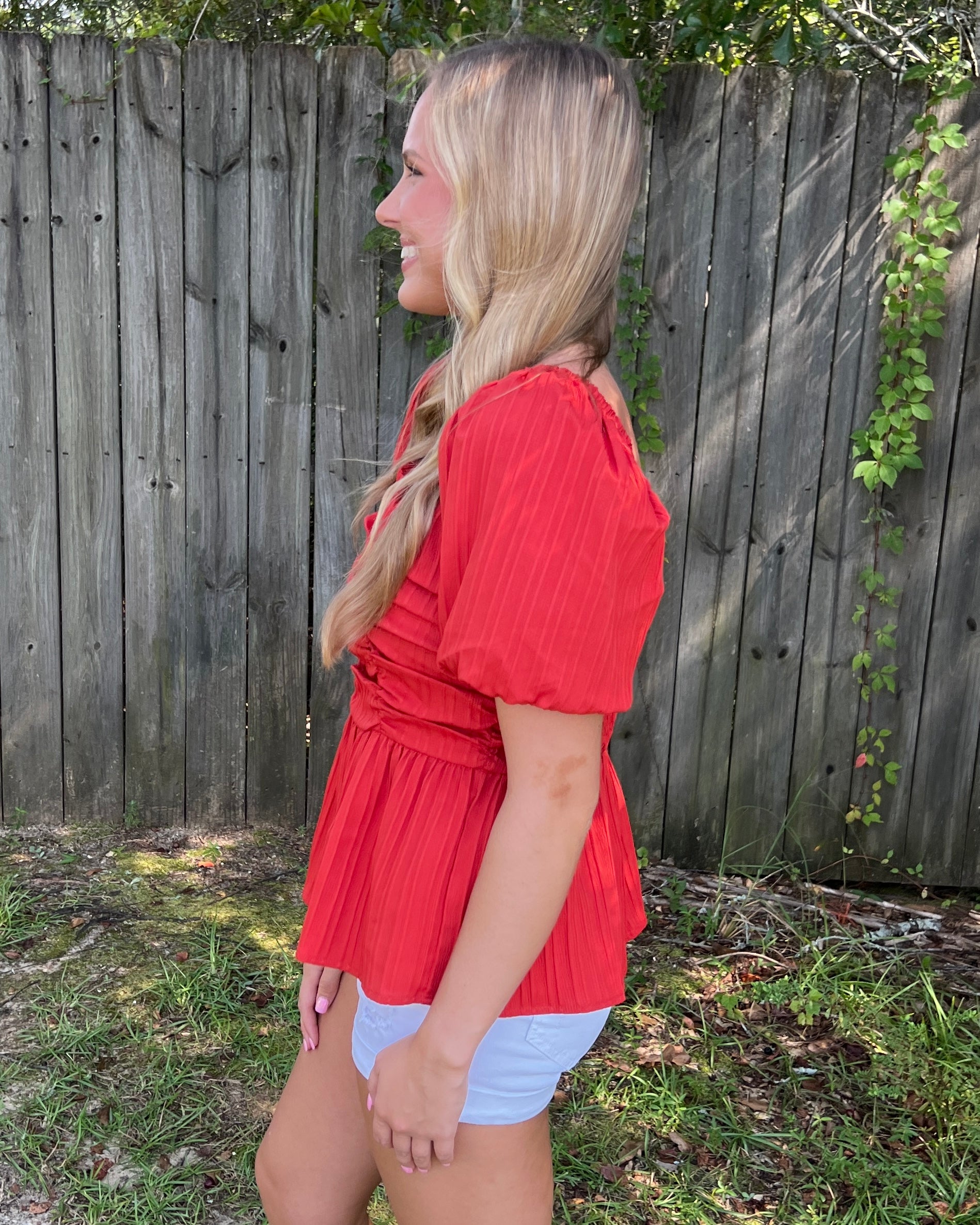 When's Halftime Sunset Ruched Puff Sleeve Peplum Top-Shop-Womens-Boutique-Clothing