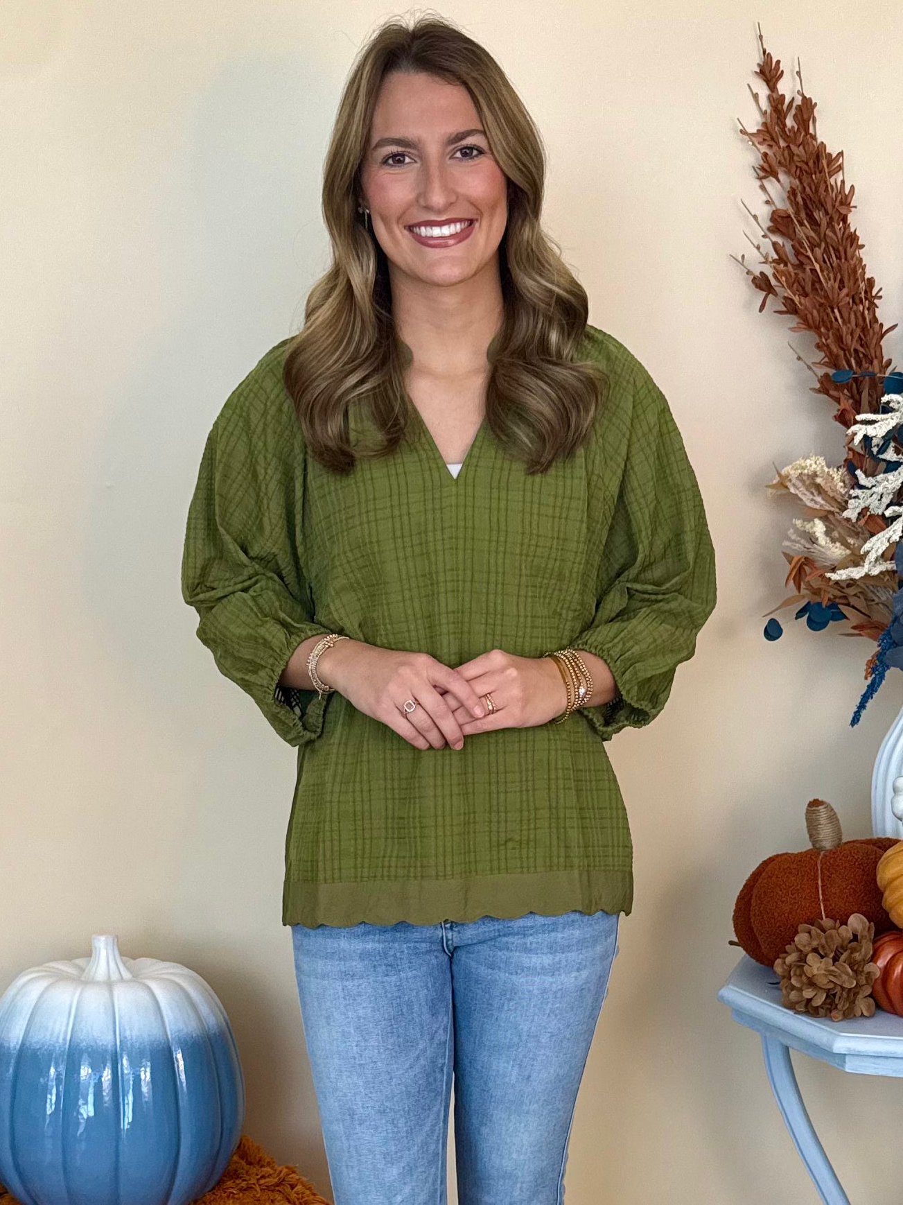 Charming Glance Olive Split Neck Raglan 3/4 Puff Sleeve Top-Shop-Womens-Boutique-Clothing