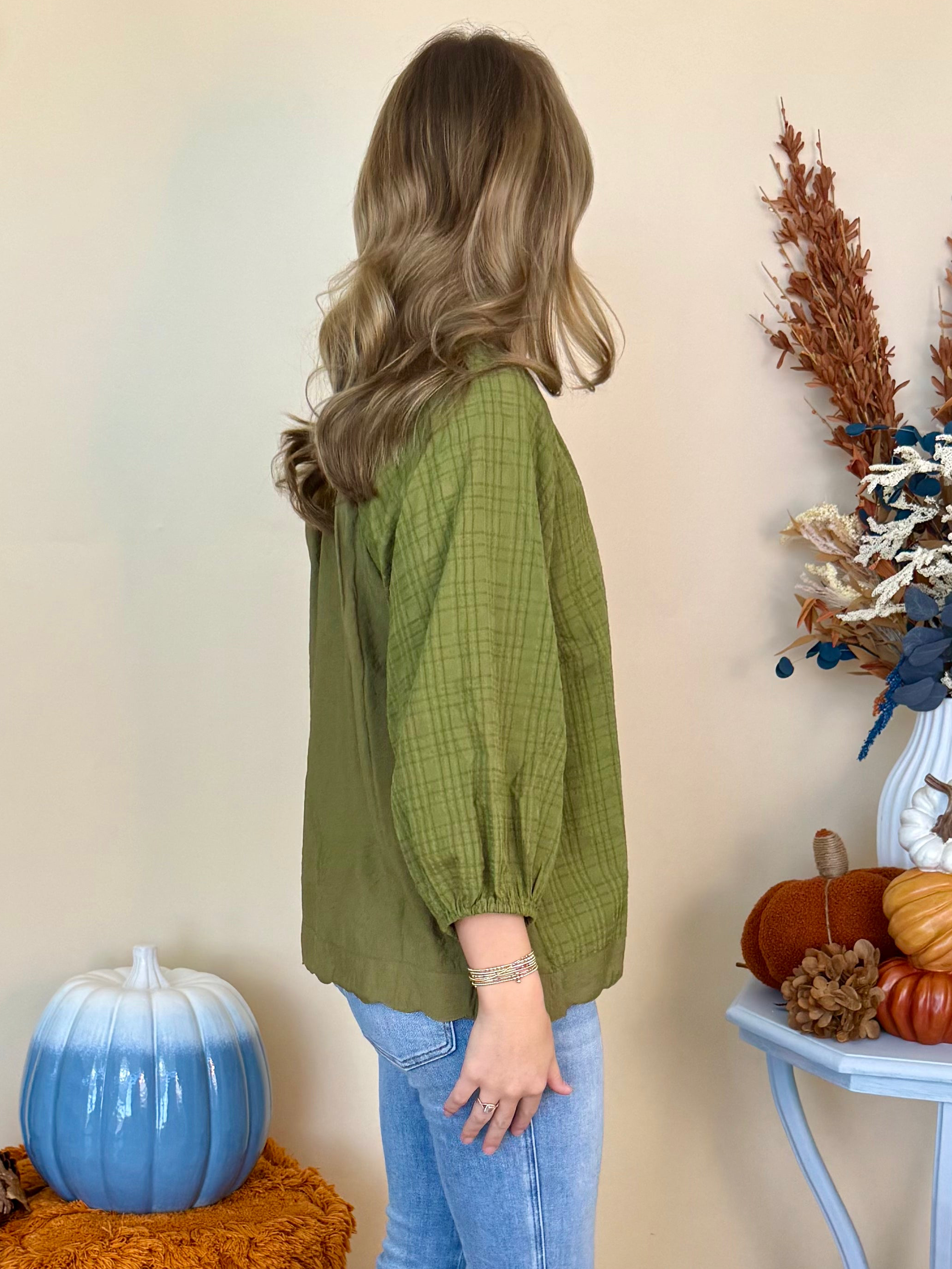 Charming Glance Olive Split Neck Raglan 3/4 Puff Sleeve Top-Shop-Womens-Boutique-Clothing