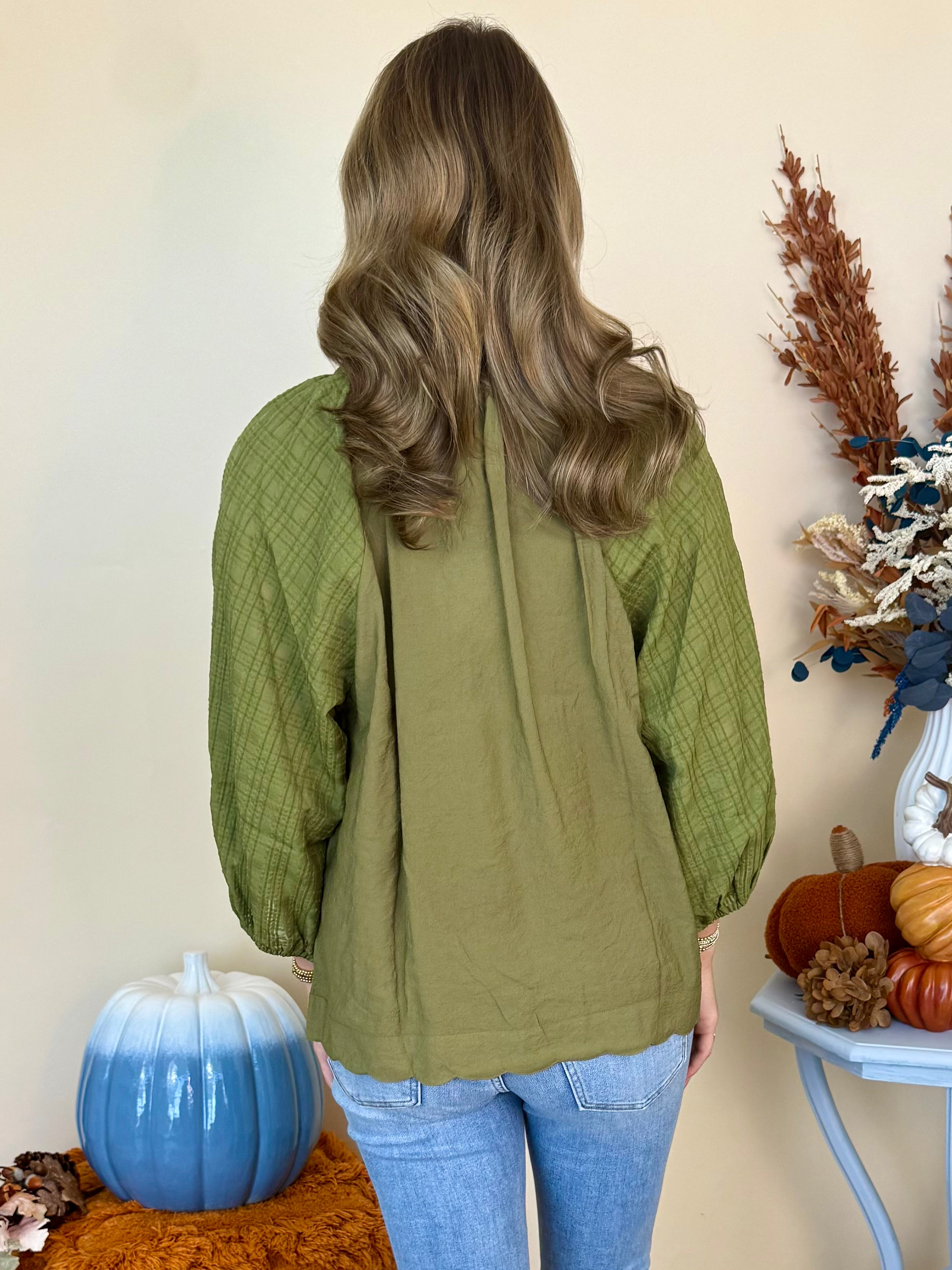 Charming Glance Olive Split Neck Raglan 3/4 Puff Sleeve Top-Shop-Womens-Boutique-Clothing