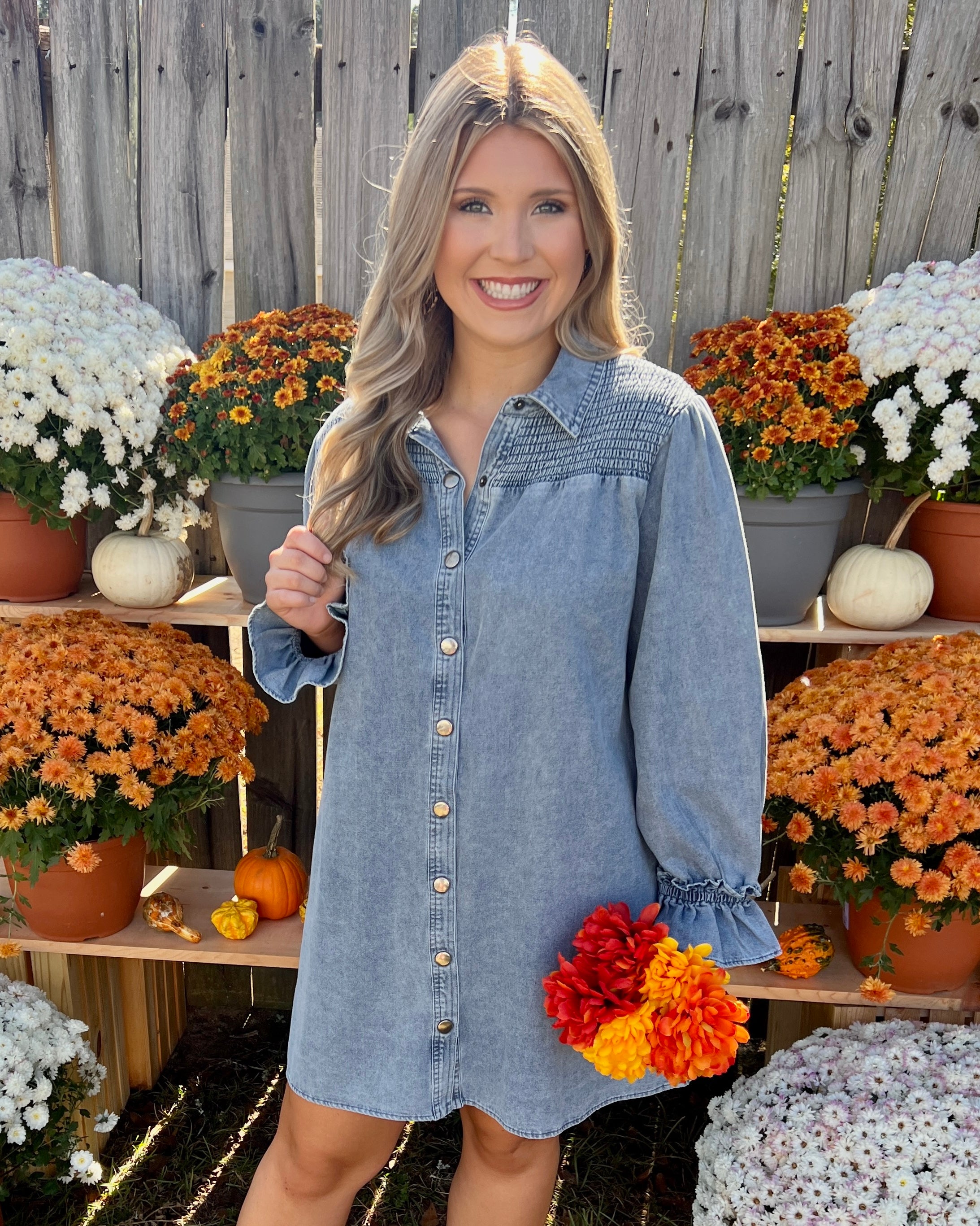 Right There Lt Denim Smocked Button Dress-Shop-Womens-Boutique-Clothing