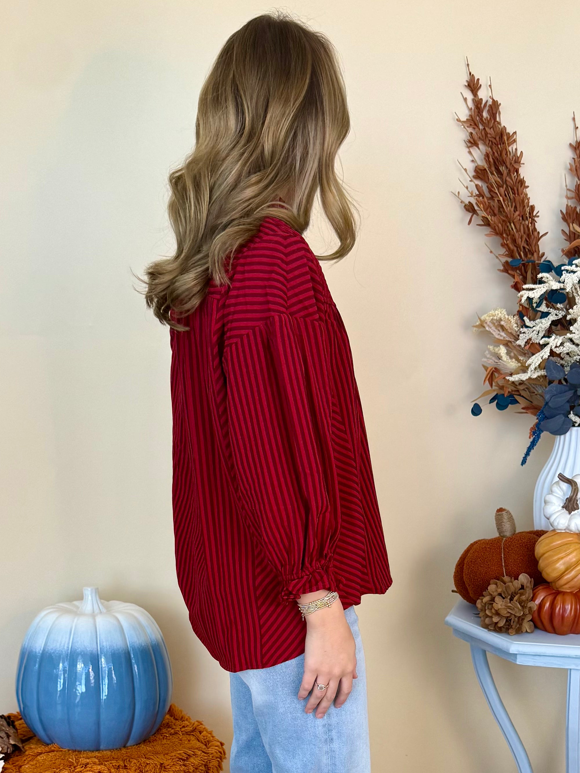 Serene Energy Crimson Stripe Seersucker Button Down Top-Shop-Womens-Boutique-Clothing