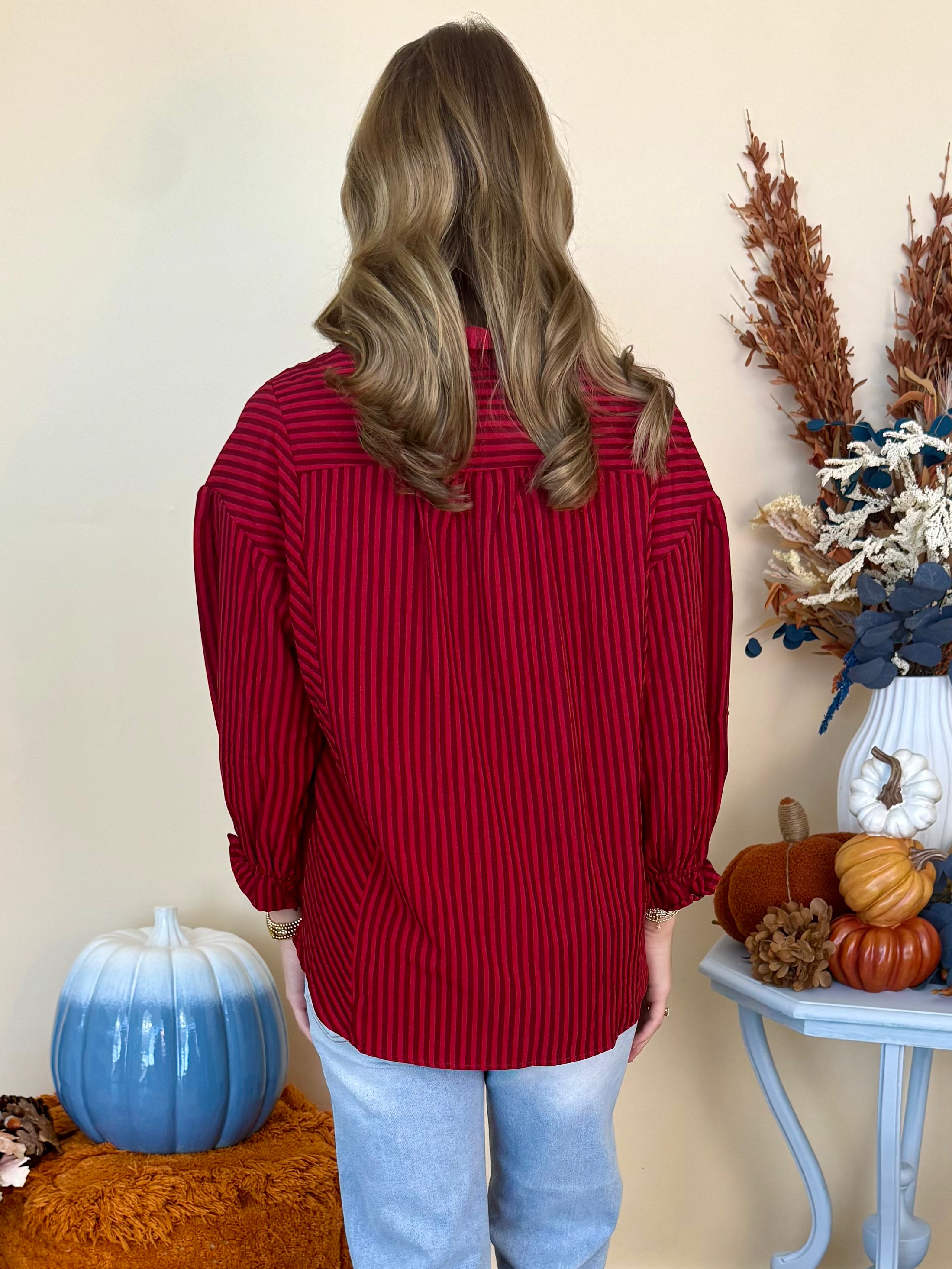 Serene Energy Crimson Stripe Seersucker Button Down Top-Shop-Womens-Boutique-Clothing