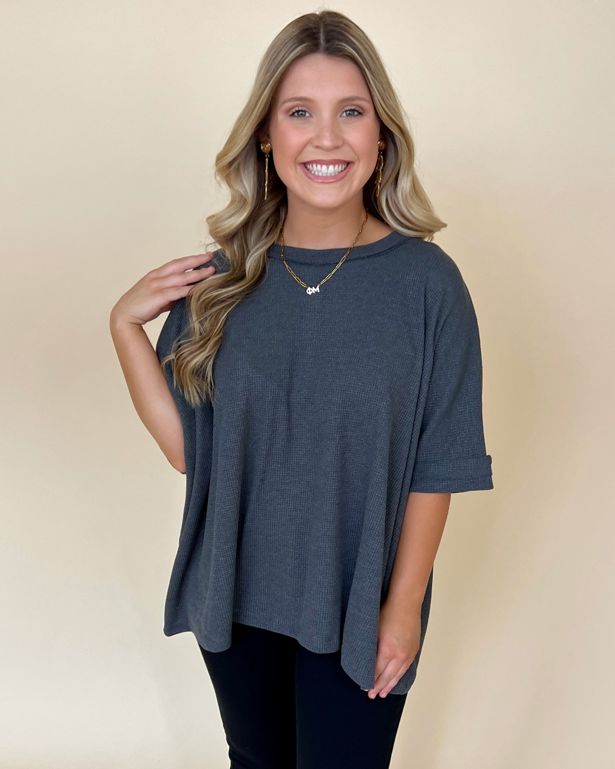 Find Myself Charcoal Waffle Texture Top-Shop-Womens-Boutique-Clothing