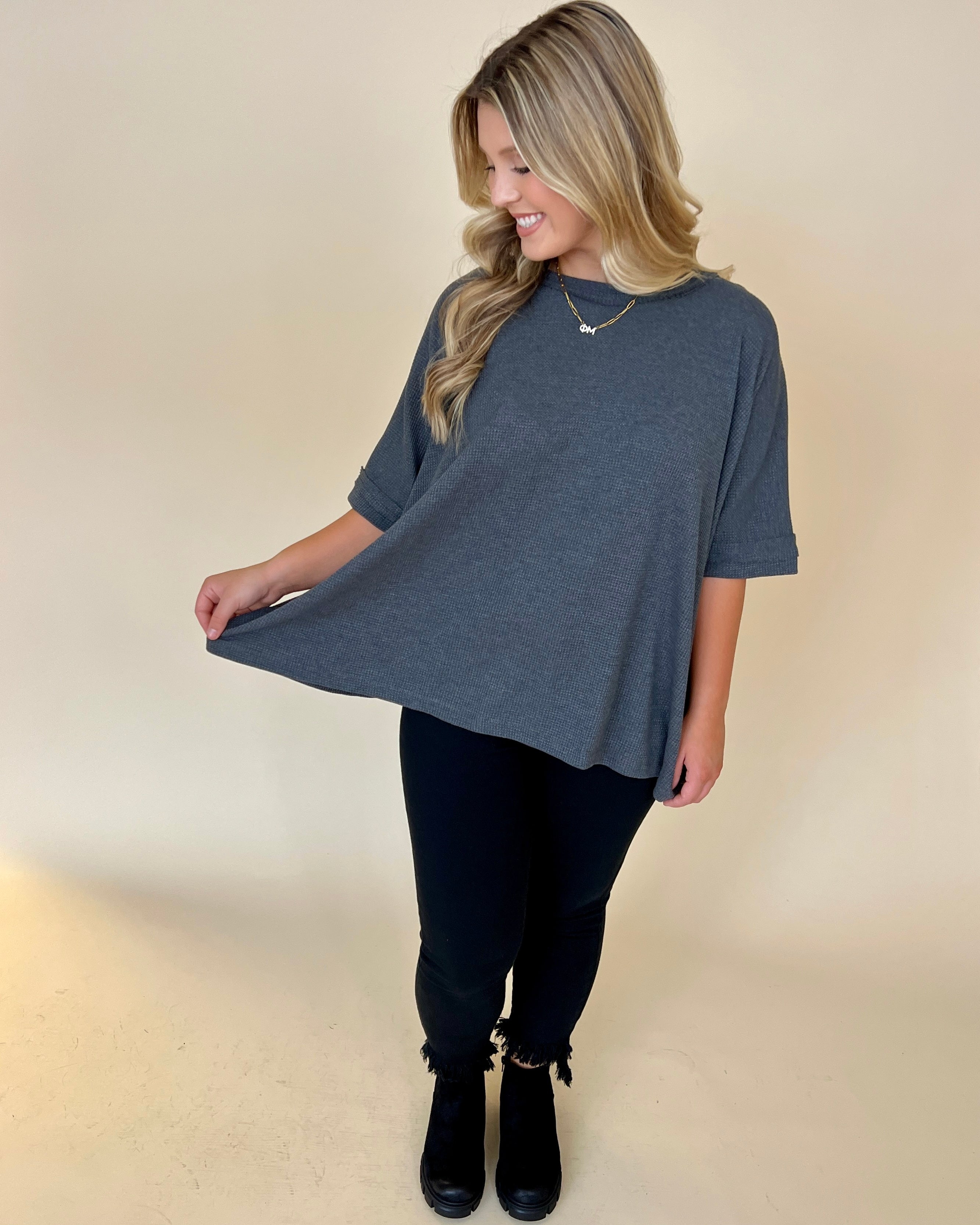 Find Myself Charcoal Waffle Texture Top-Shop-Womens-Boutique-Clothing