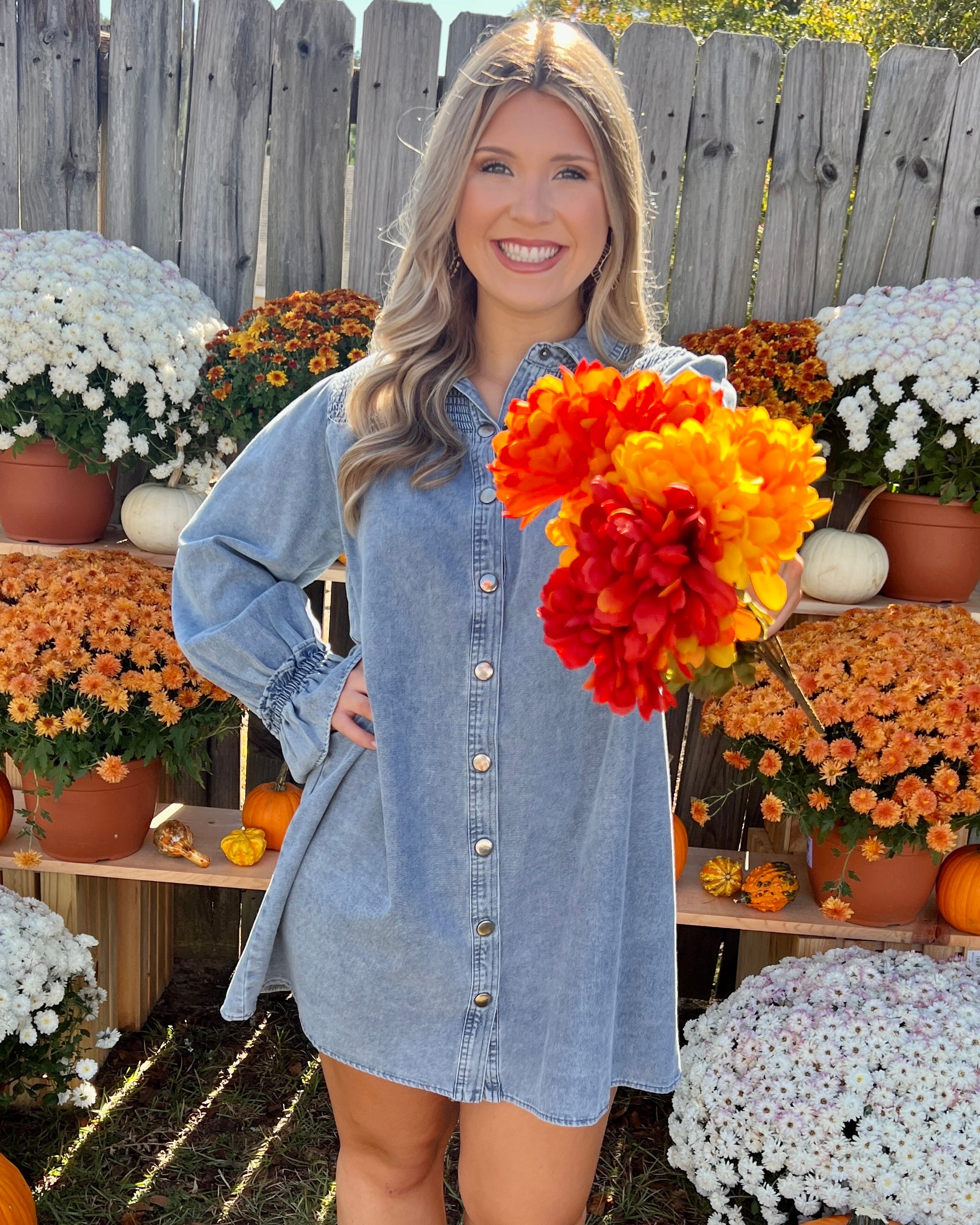 Right There Lt Denim Smocked Button Dress-Shop-Womens-Boutique-Clothing