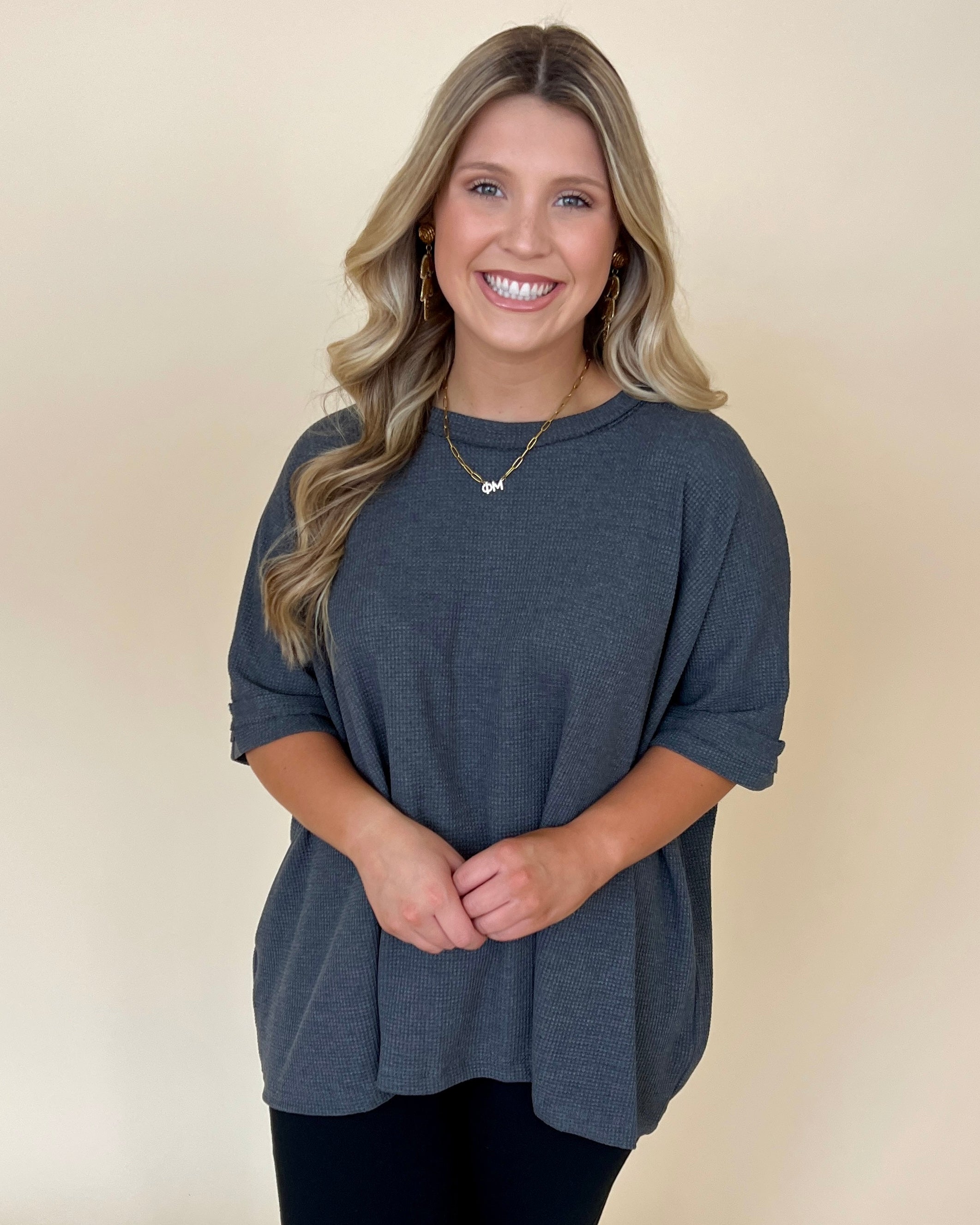 Find Myself Charcoal Waffle Texture Top-Shop-Womens-Boutique-Clothing