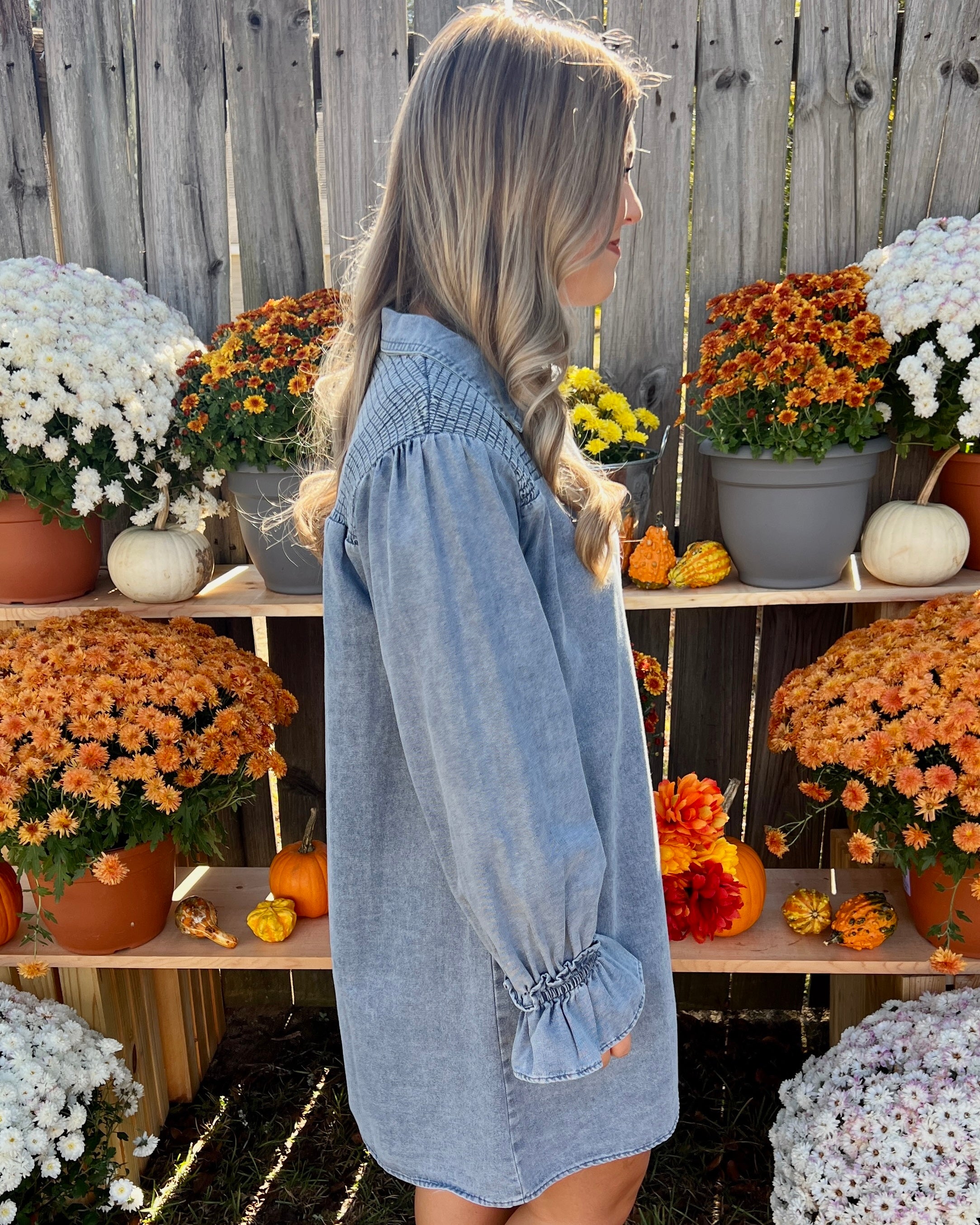Right There Lt Denim Smocked Button Dress-Shop-Womens-Boutique-Clothing