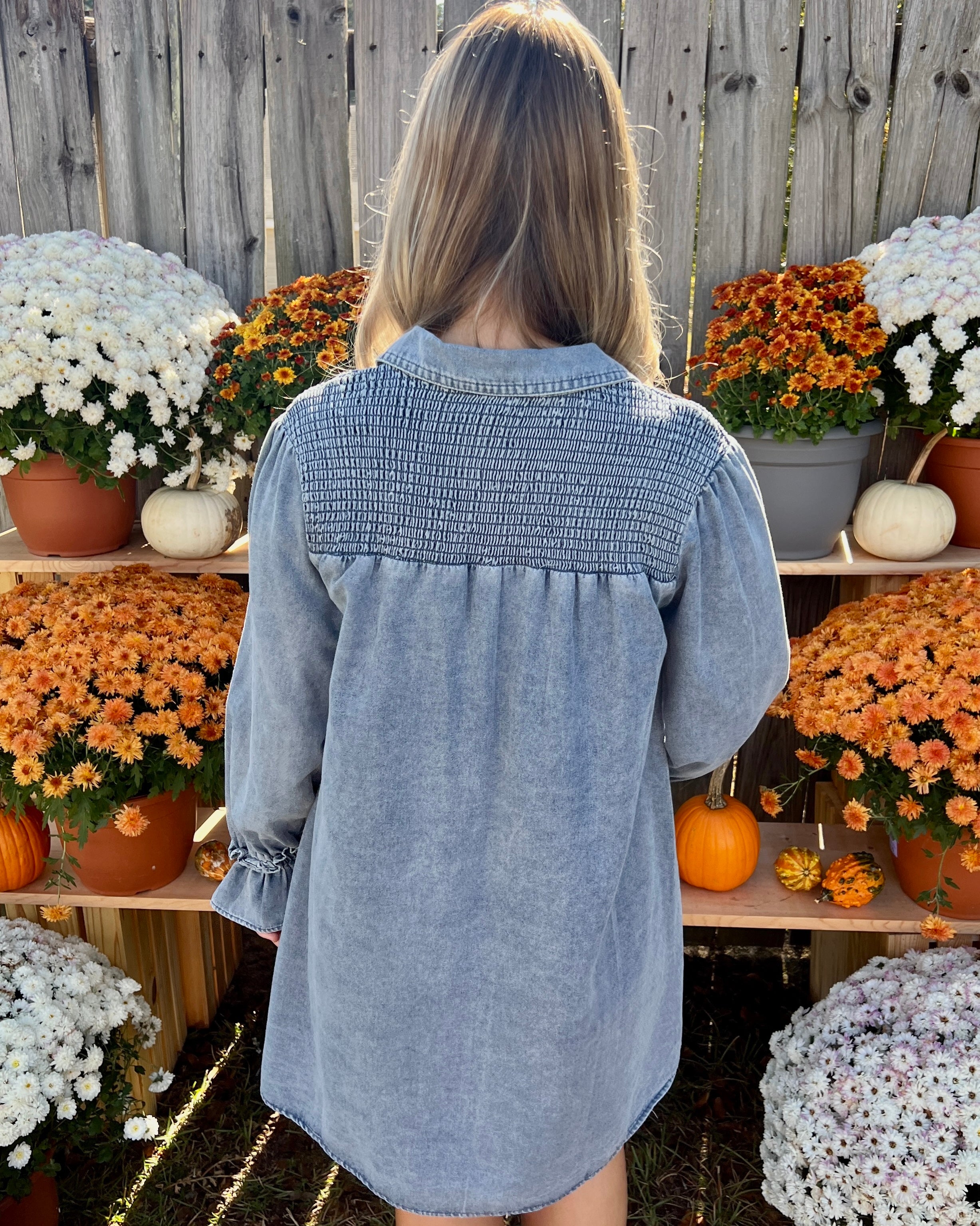 Right There Lt Denim Smocked Button Dress-Shop-Womens-Boutique-Clothing