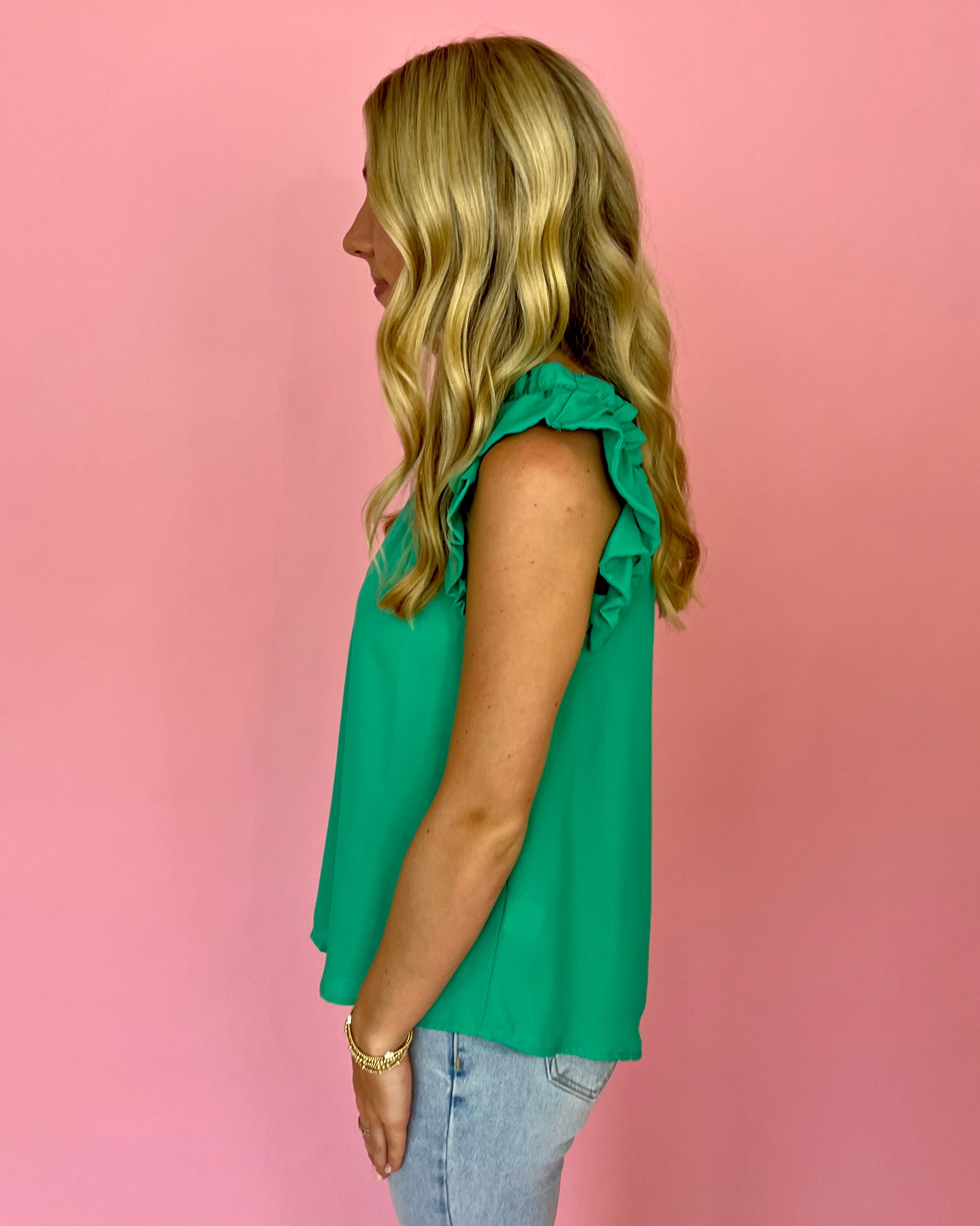 Tried And True Kelly Green High Neck Ruffle Sleeve Tank Top-Shop-Womens-Boutique-Clothing
