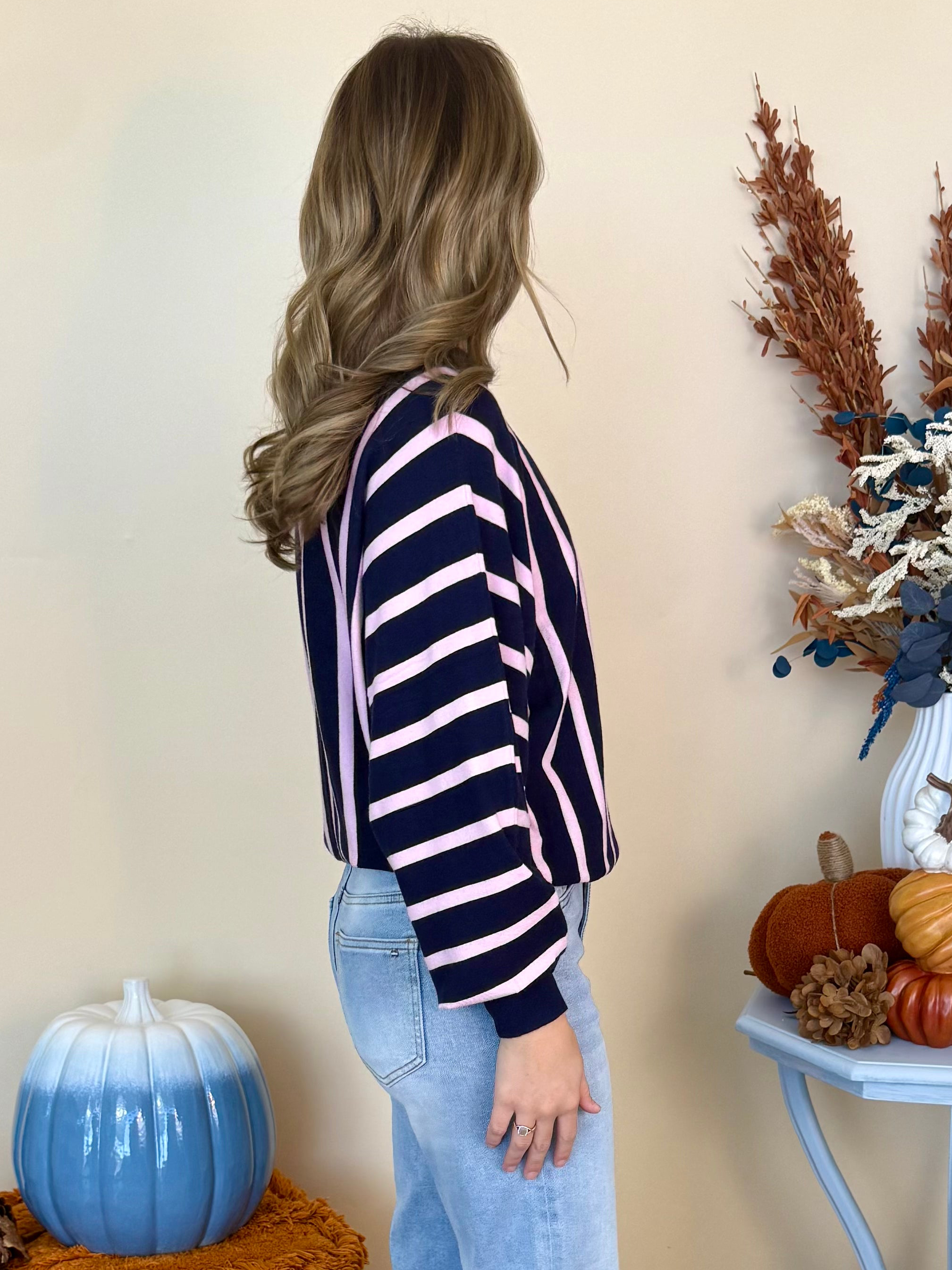 Sweet Nothings Navy Batwing Sleeve Vertical Stripe Sweater-Shop-Womens-Boutique-Clothing