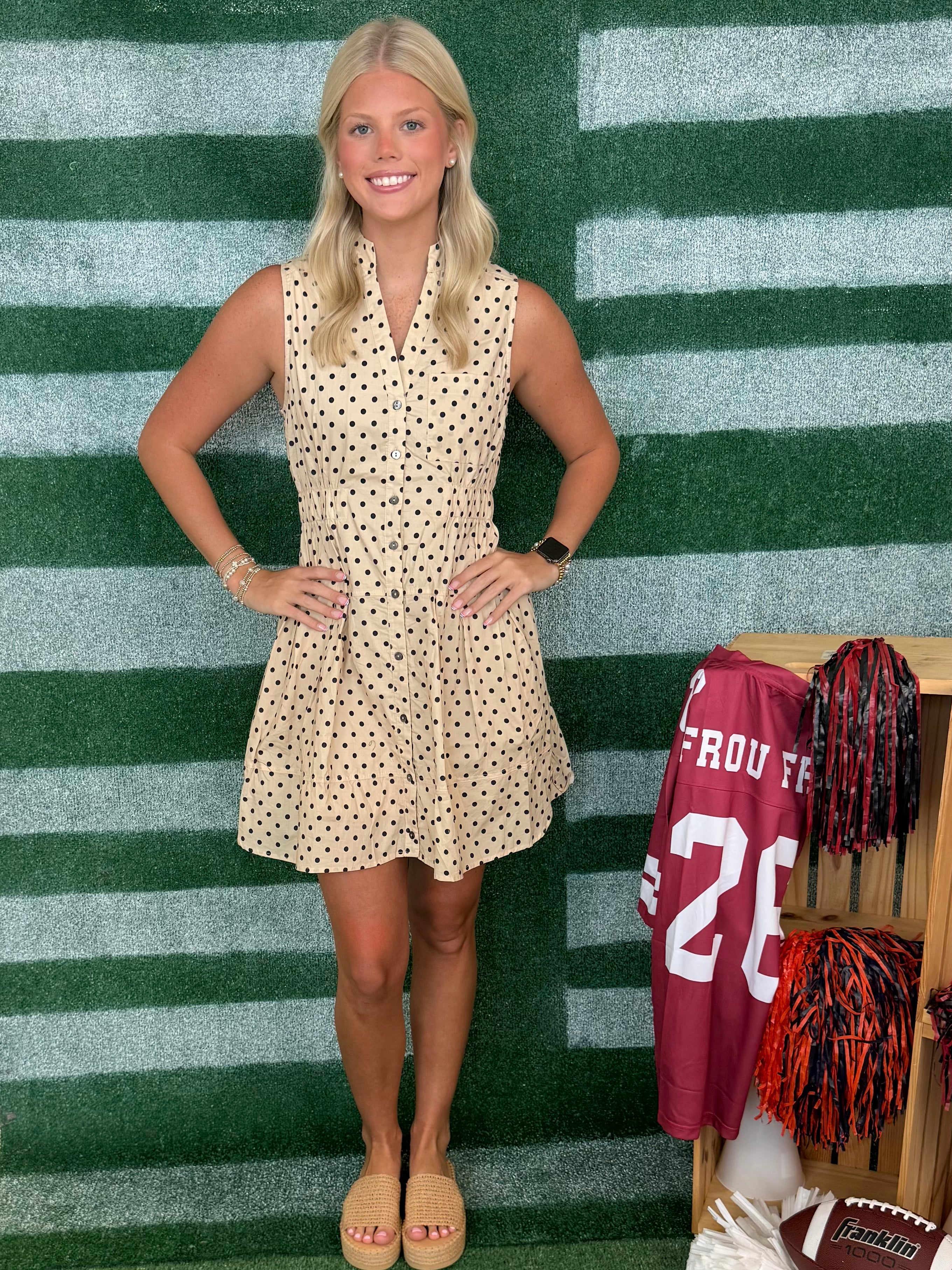 Kickoff Queen Ecru Sleeveless Polka Dot Button Front Dress-Shop-Womens-Boutique-Clothing