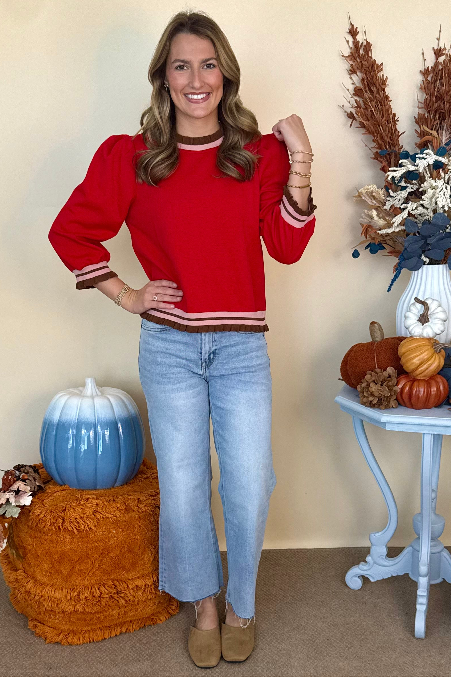 Golden Fields Red 3/4 Sleeve Ribbed Banded Top-Shop-Womens-Boutique-Clothing