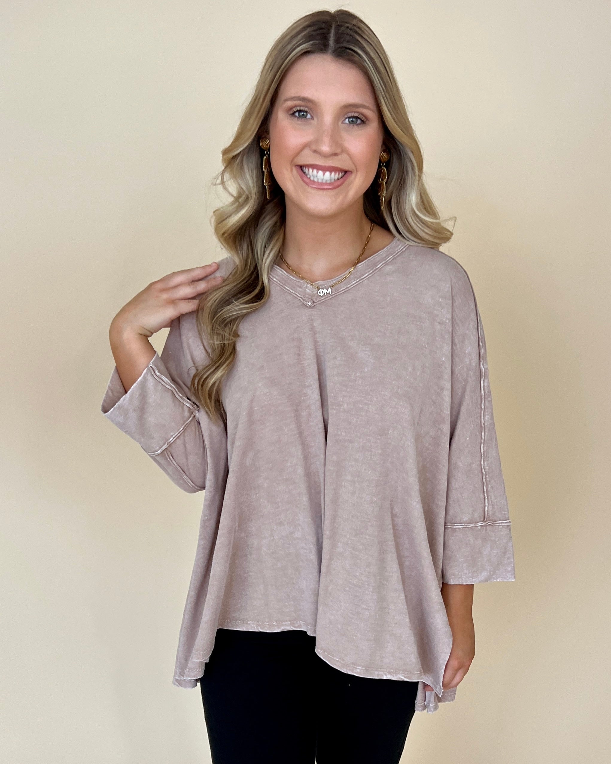 Seeking Sunshine Cocoa Mineral Wash 3/4 Sleeve Top-Shop-Womens-Boutique-Clothing