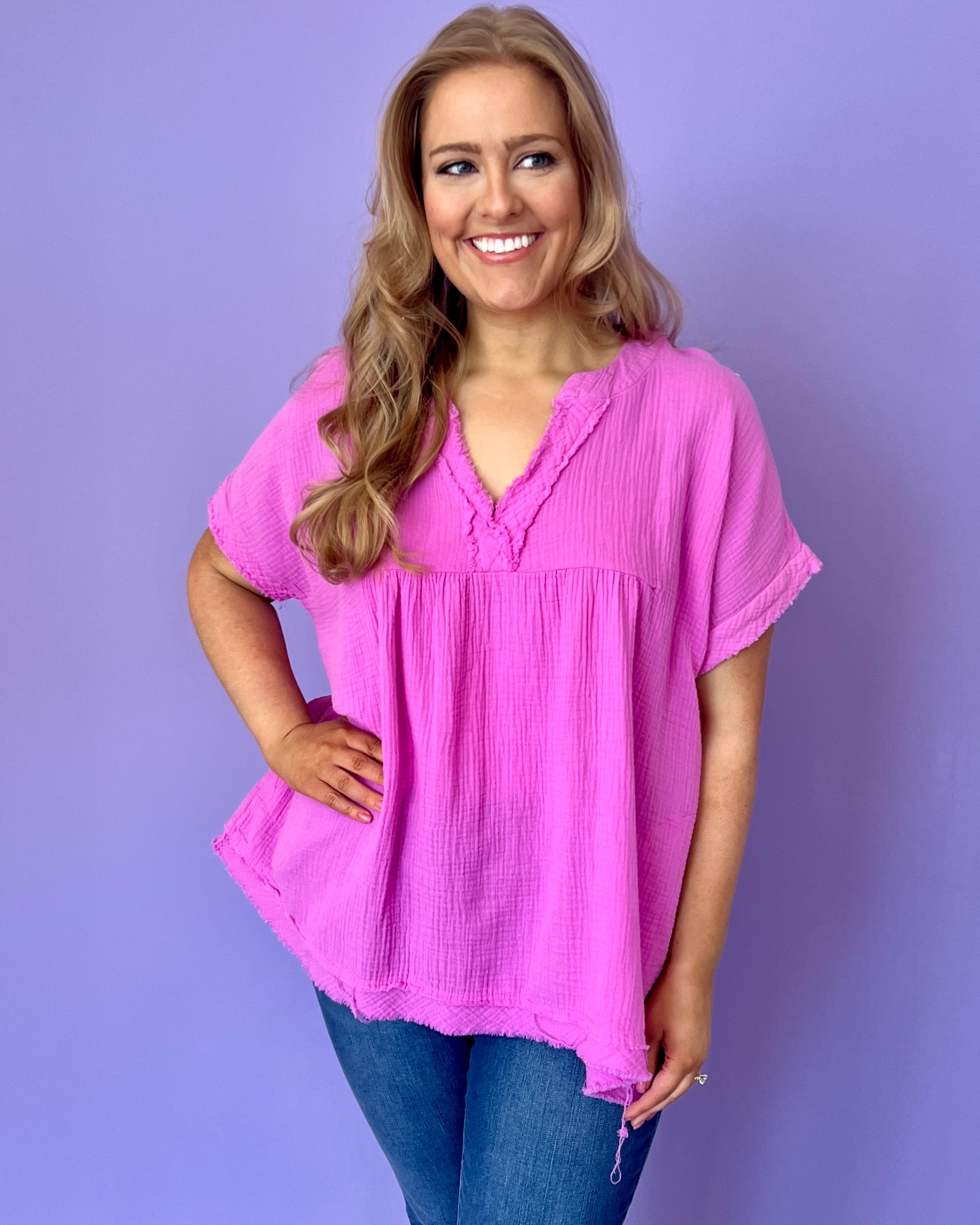 Open Mind Bright Mauve Plus Gauze Top-Shop-Womens-Boutique-Clothing