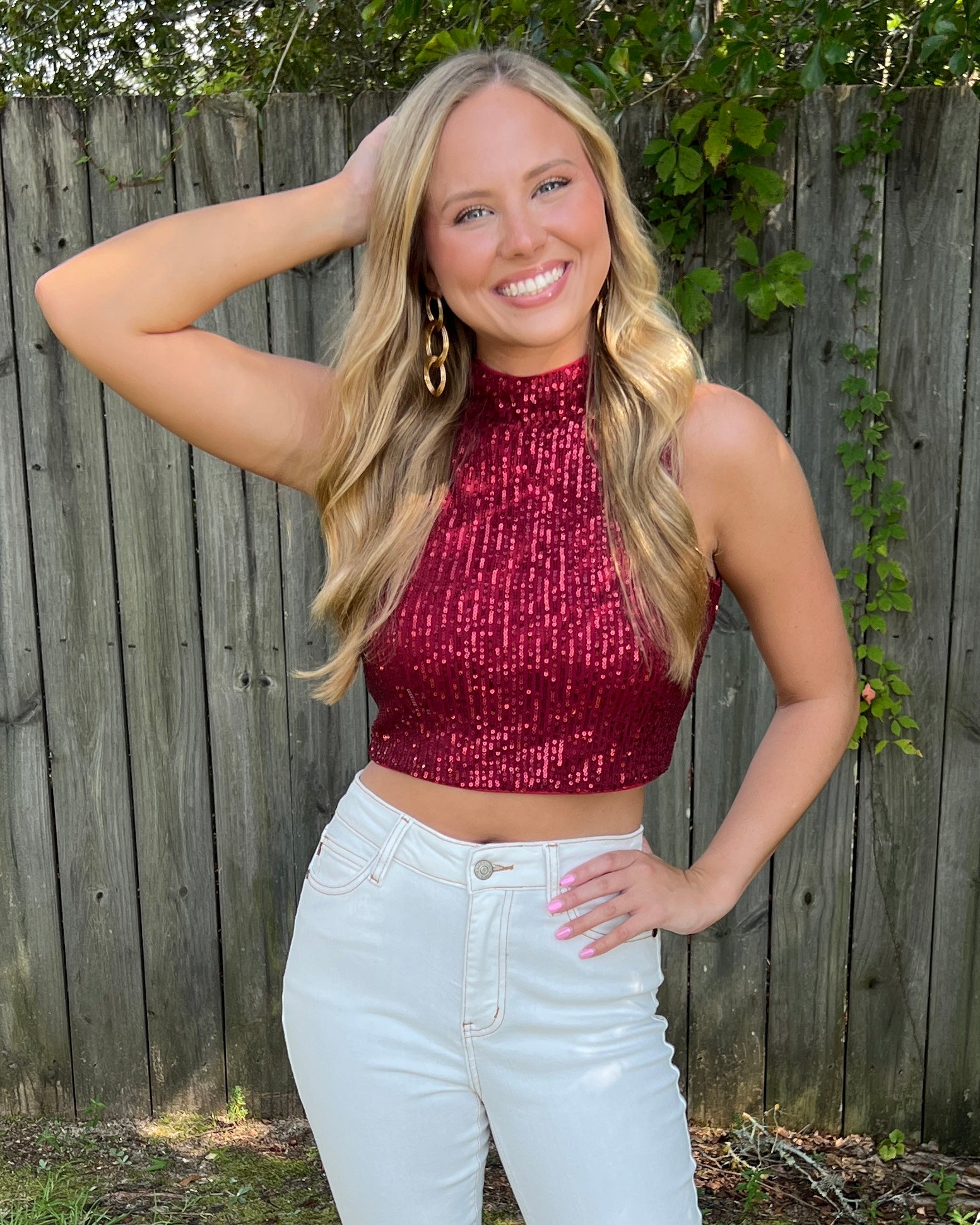 Extra Points Crimson Sequin Mock Neck Crop Top-Shop-Womens-Boutique-Clothing