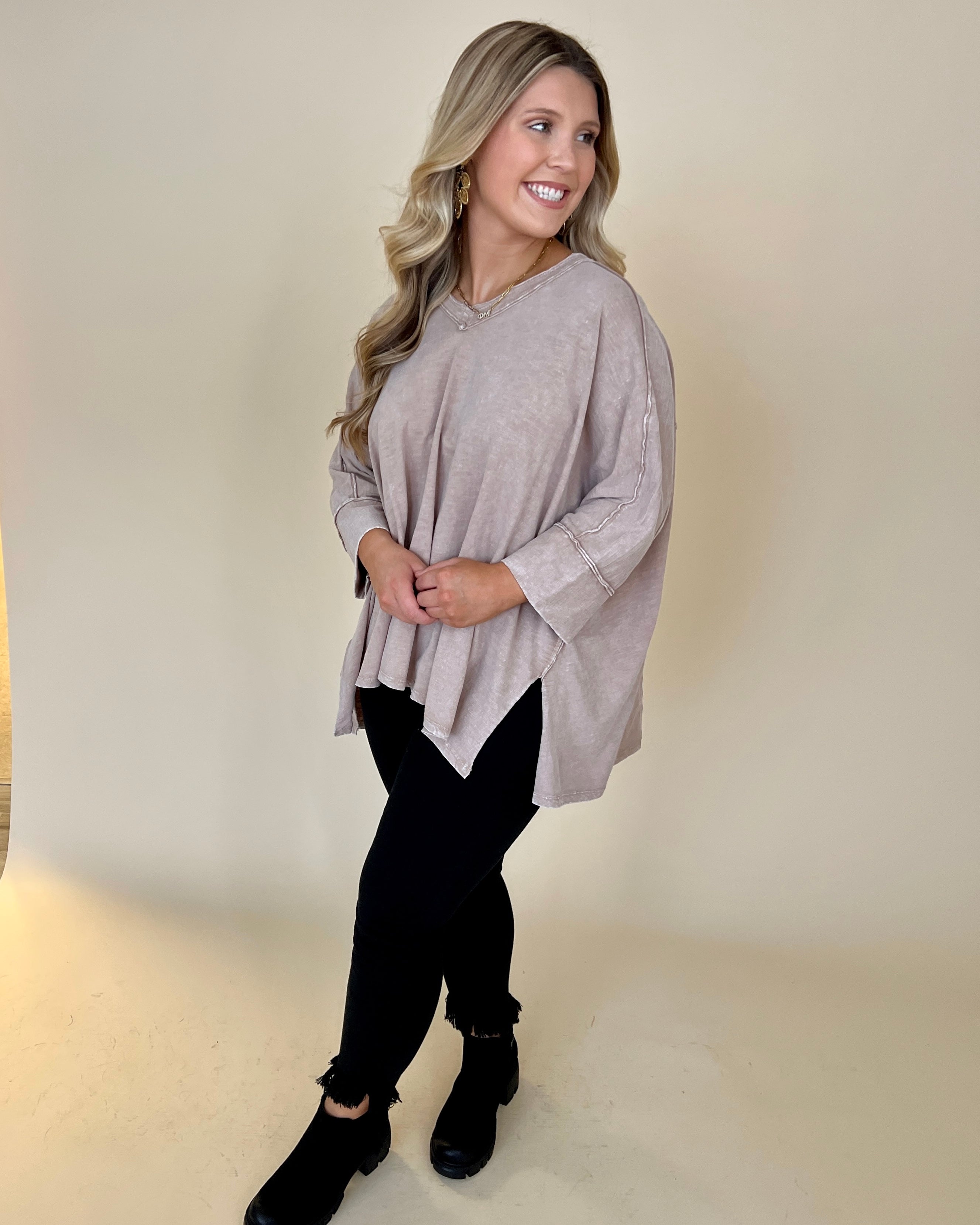 Seeking Sunshine Cocoa Mineral Wash 3/4 Sleeve Top-Shop-Womens-Boutique-Clothing