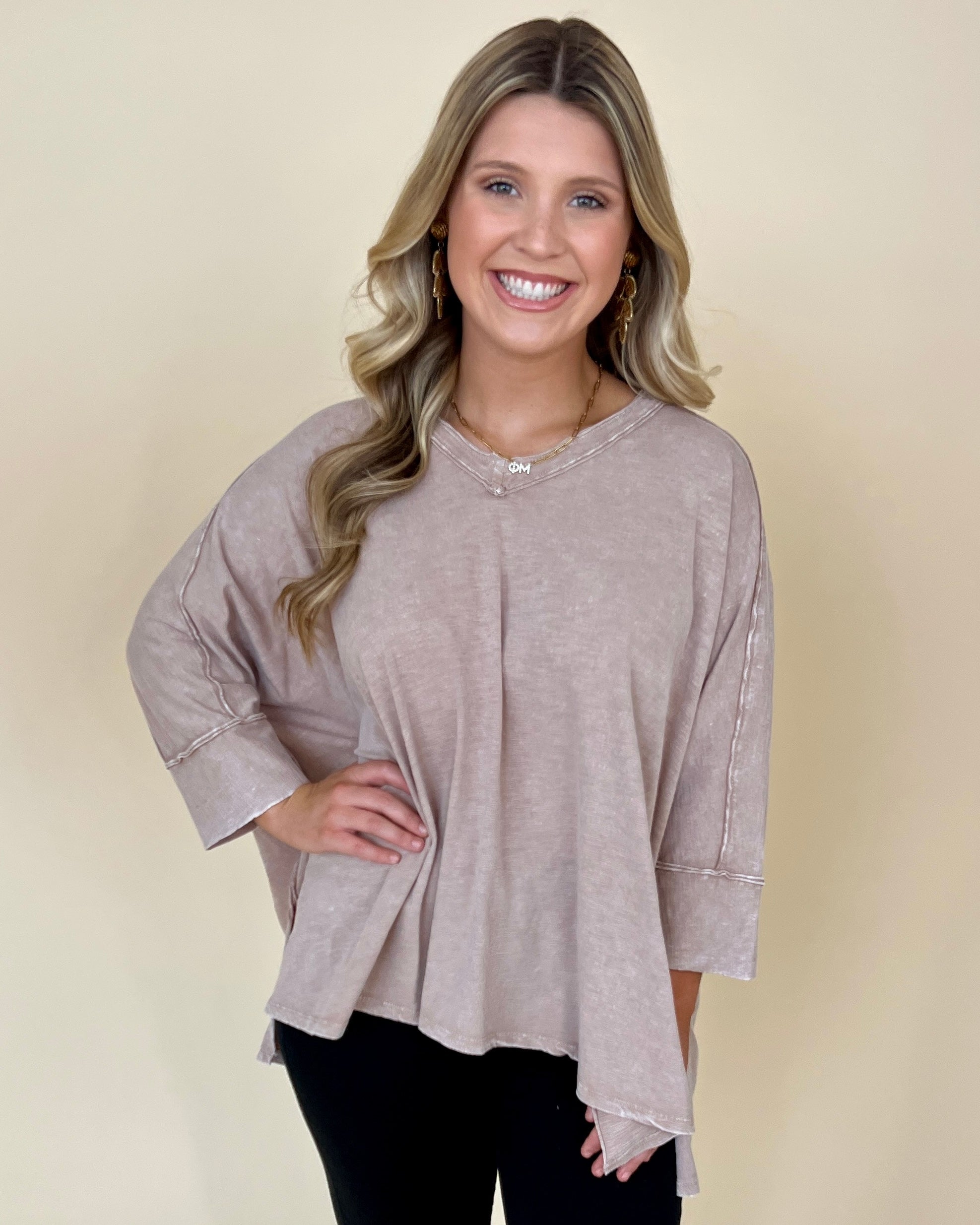 Seeking Sunshine Cocoa Mineral Wash 3/4 Sleeve Top-Shop-Womens-Boutique-Clothing