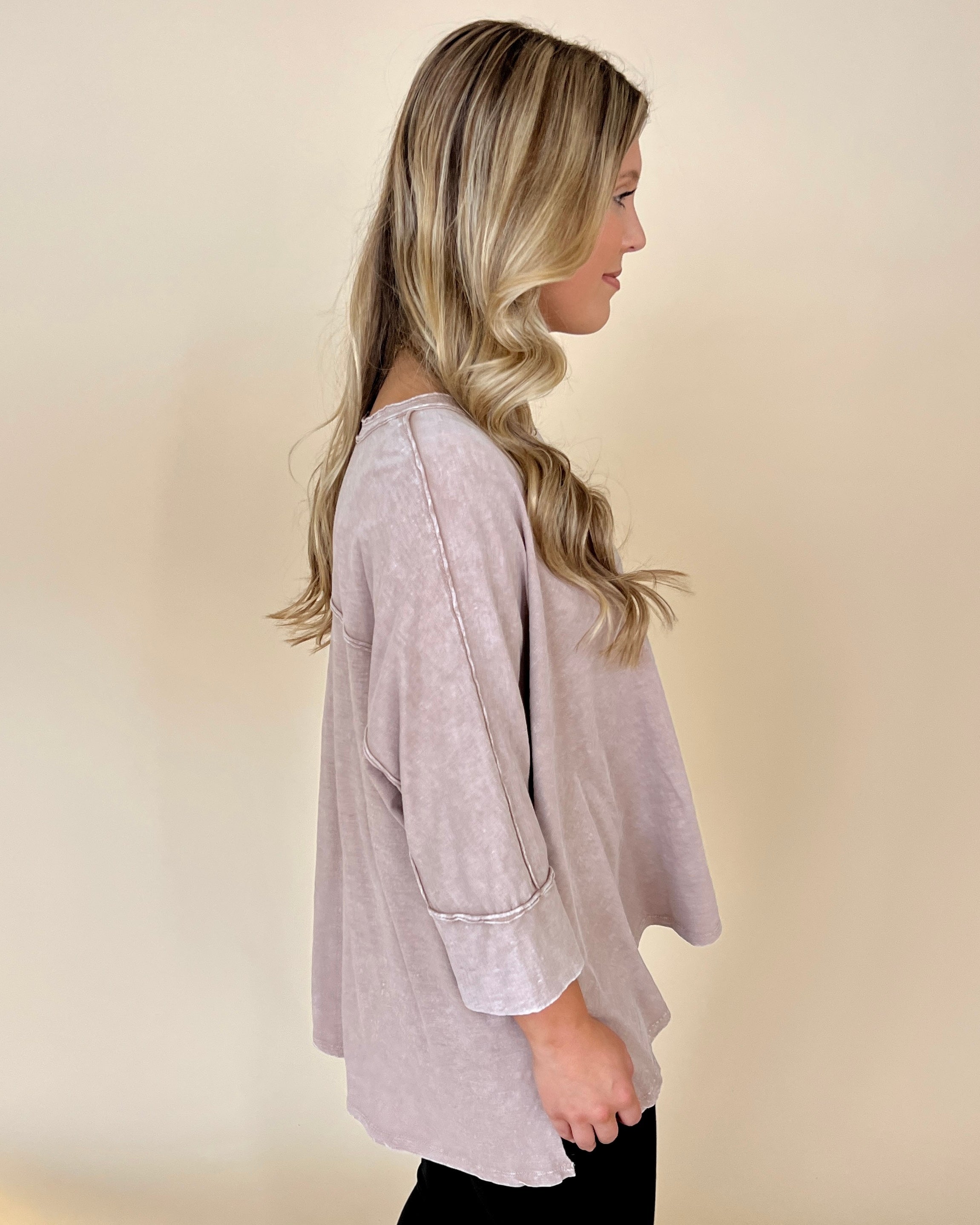 Seeking Sunshine Cocoa Mineral Wash 3/4 Sleeve Top-Shop-Womens-Boutique-Clothing