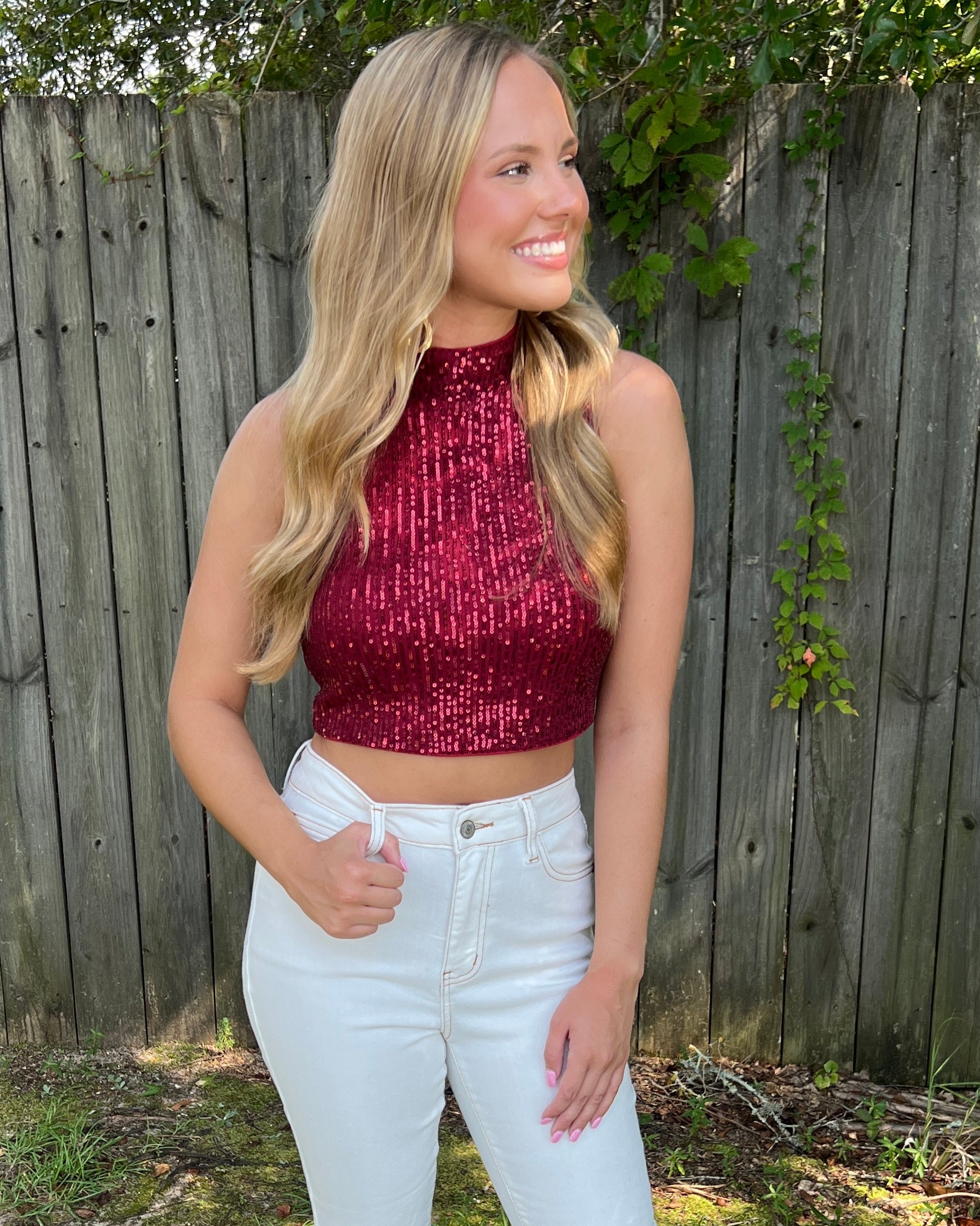 Extra Points Crimson Sequin Mock Neck Crop Top-Shop-Womens-Boutique-Clothing