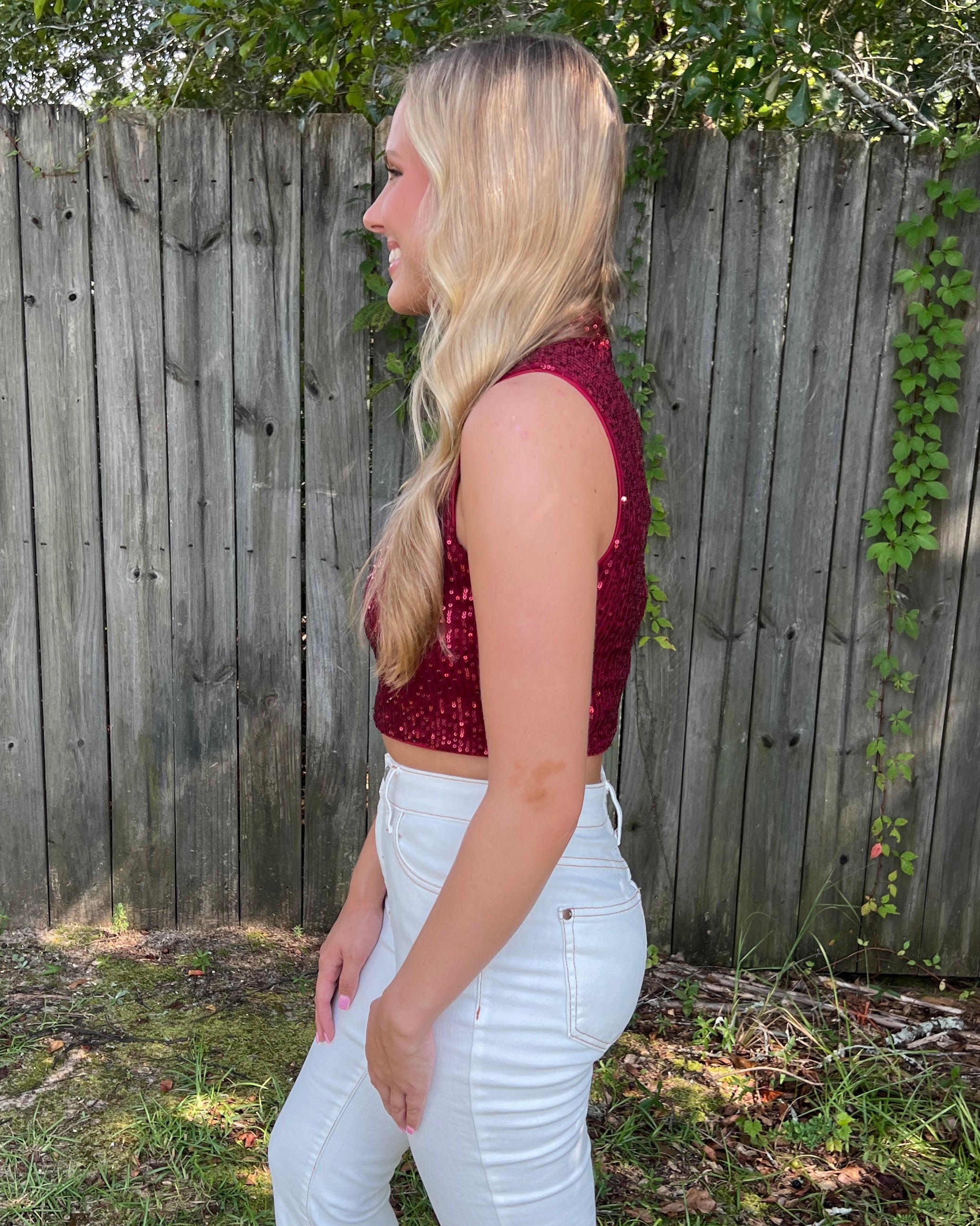 Extra Points Crimson Sequin Mock Neck Crop Top-Shop-Womens-Boutique-Clothing