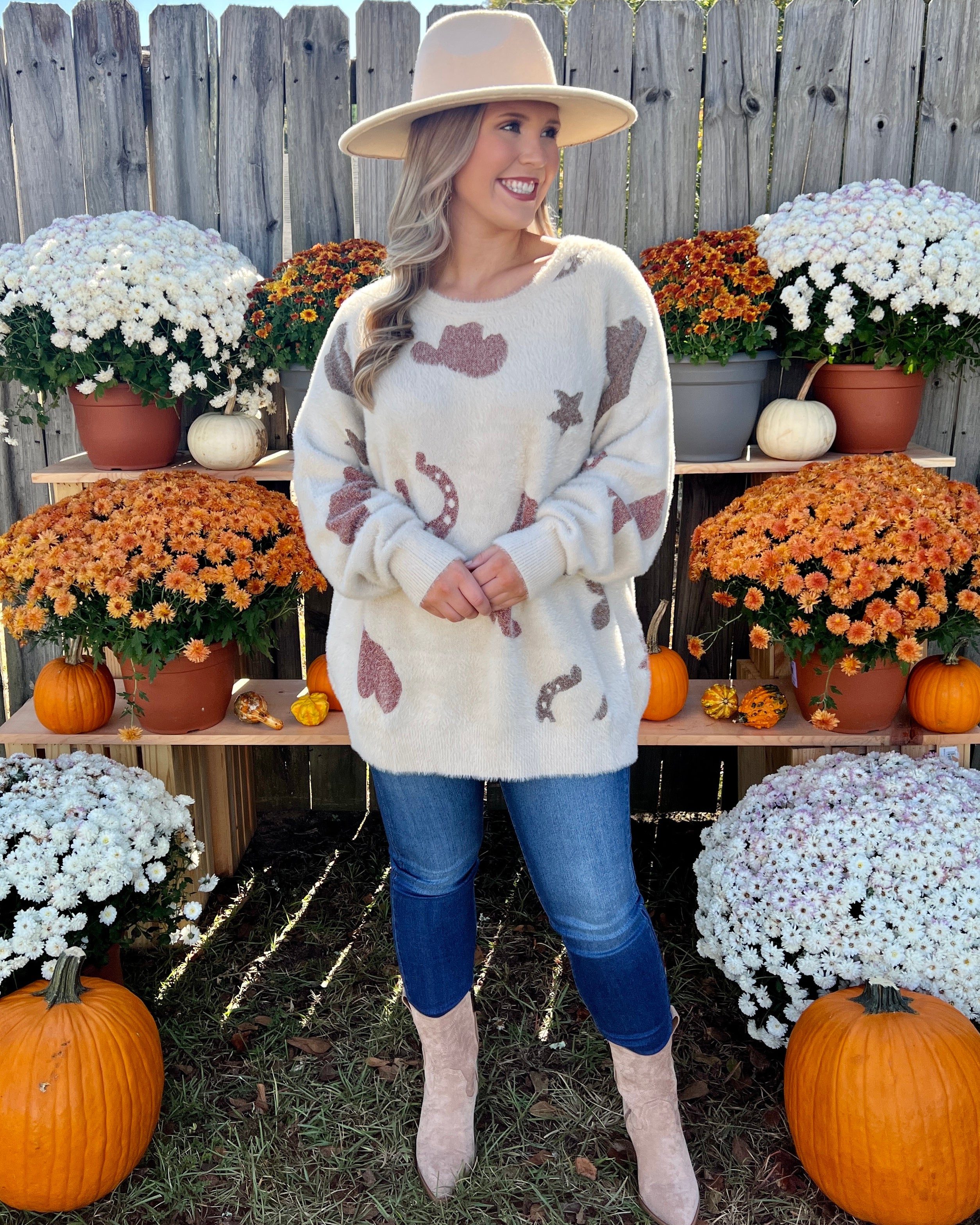Howdy Cream Cowboy Boots and Hat Sweater-Shop-Womens-Boutique-Clothing