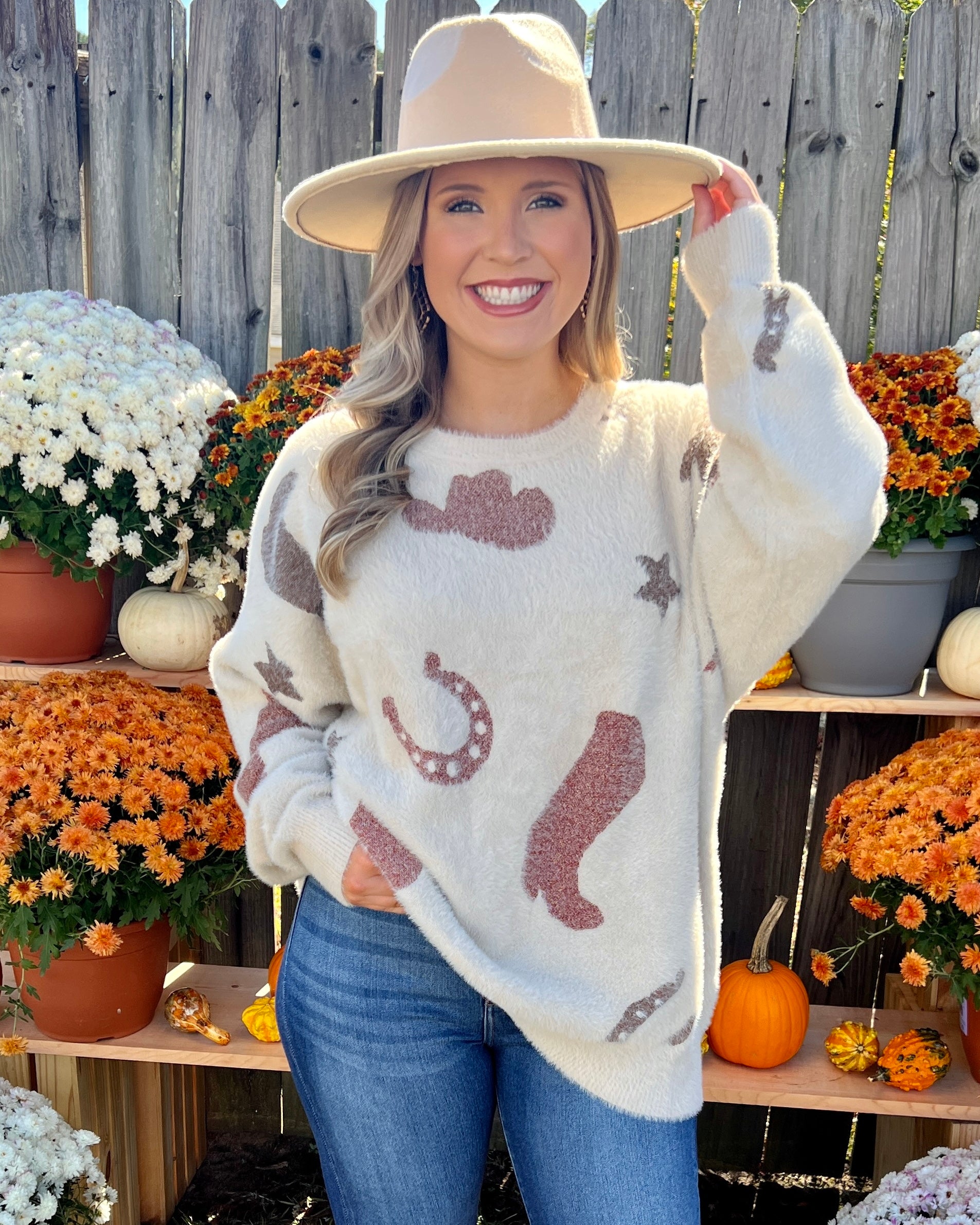Howdy Cream Cowboy Boots and Hat Sweater-Shop-Womens-Boutique-Clothing