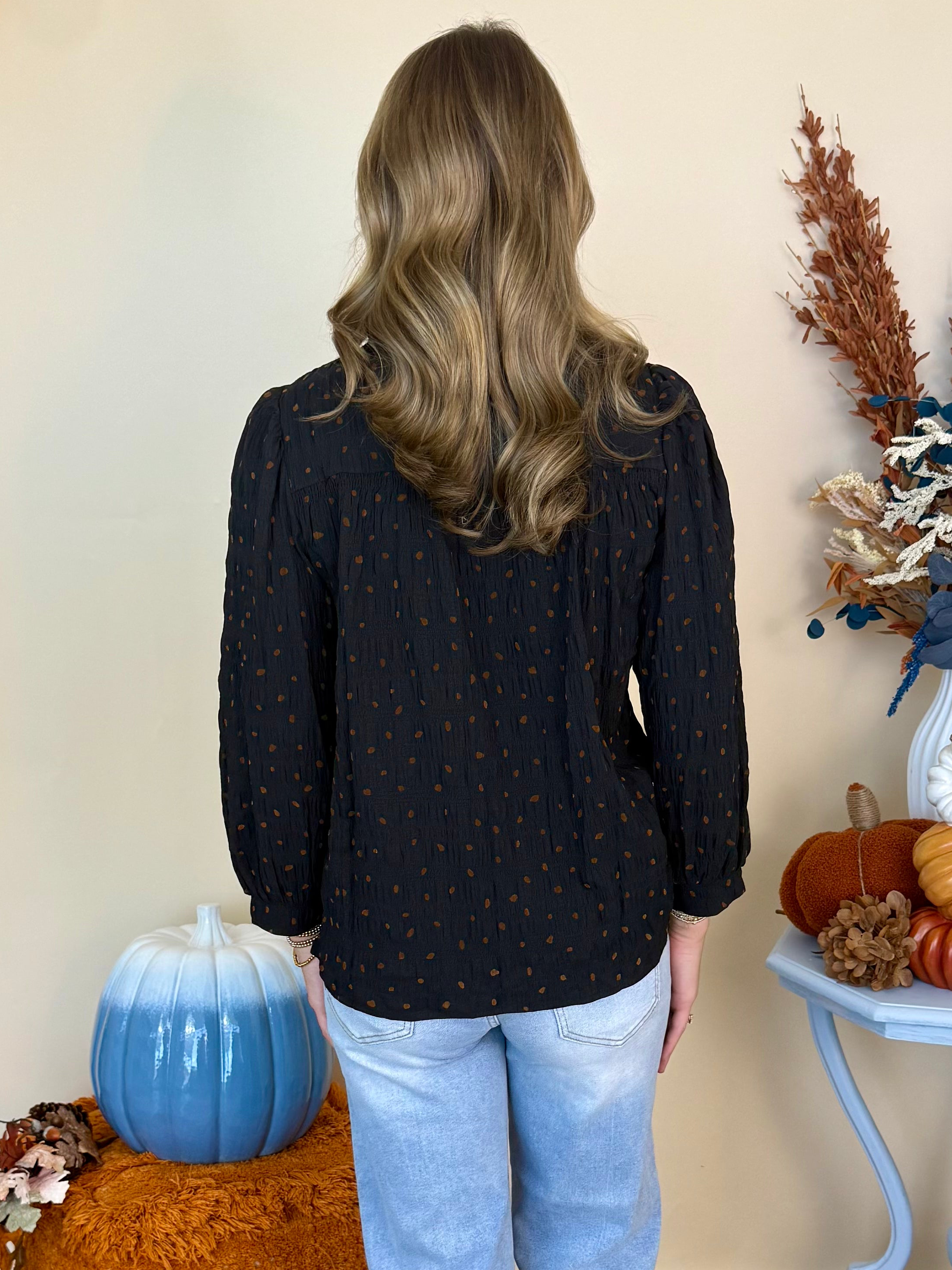 Cozy Haute Black Polka Dot Smocked Top-Shop-Womens-Boutique-Clothing