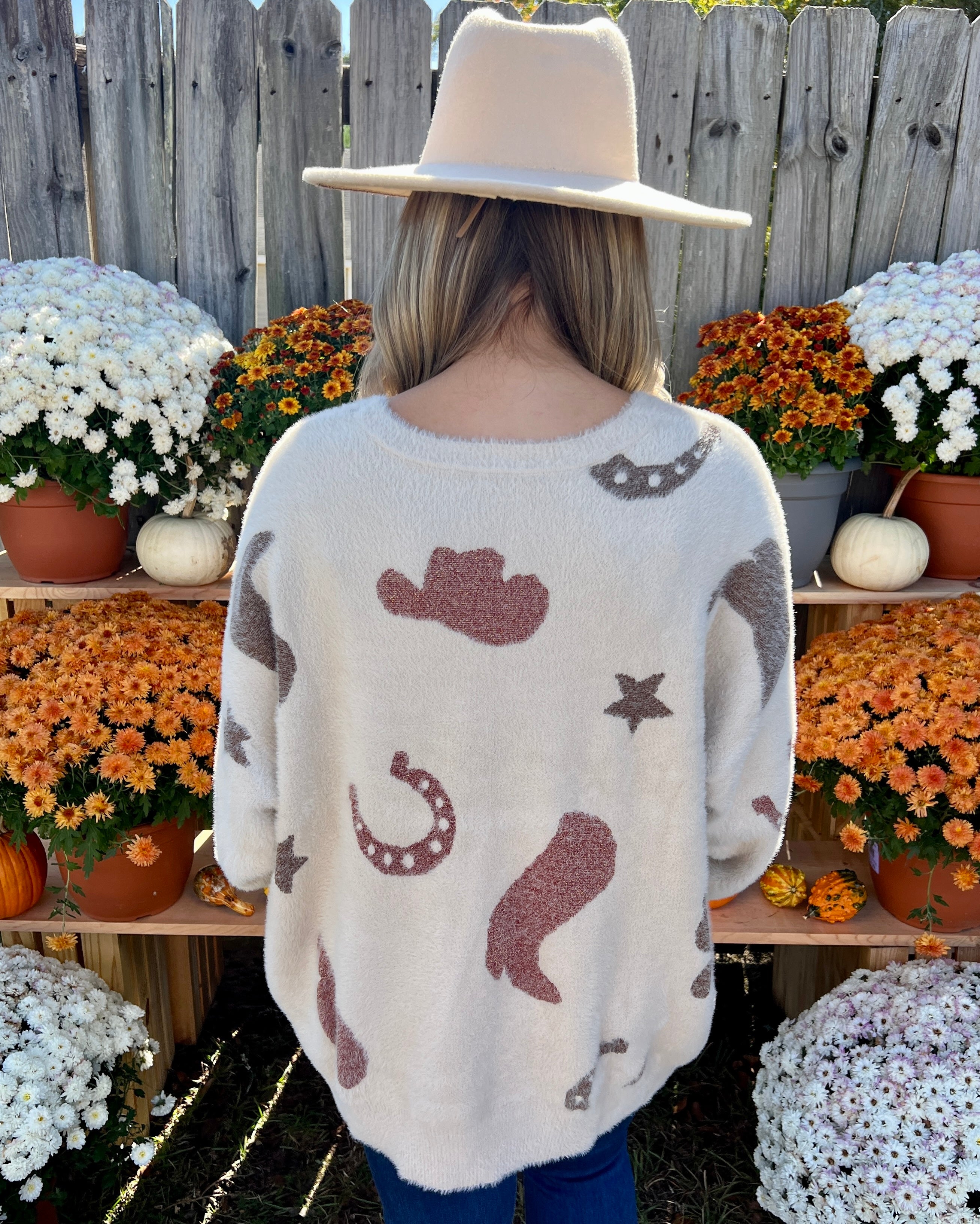 Howdy Cream Cowboy Boots and Hat Sweater-Shop-Womens-Boutique-Clothing