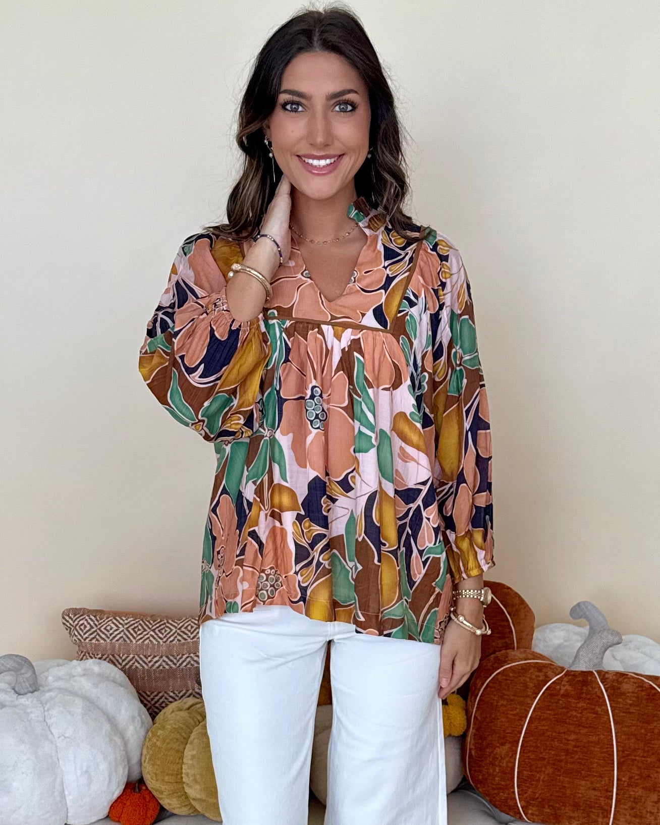 Add Joy Green Mix Abstract Ruffle Top-Shop-Womens-Boutique-Clothing