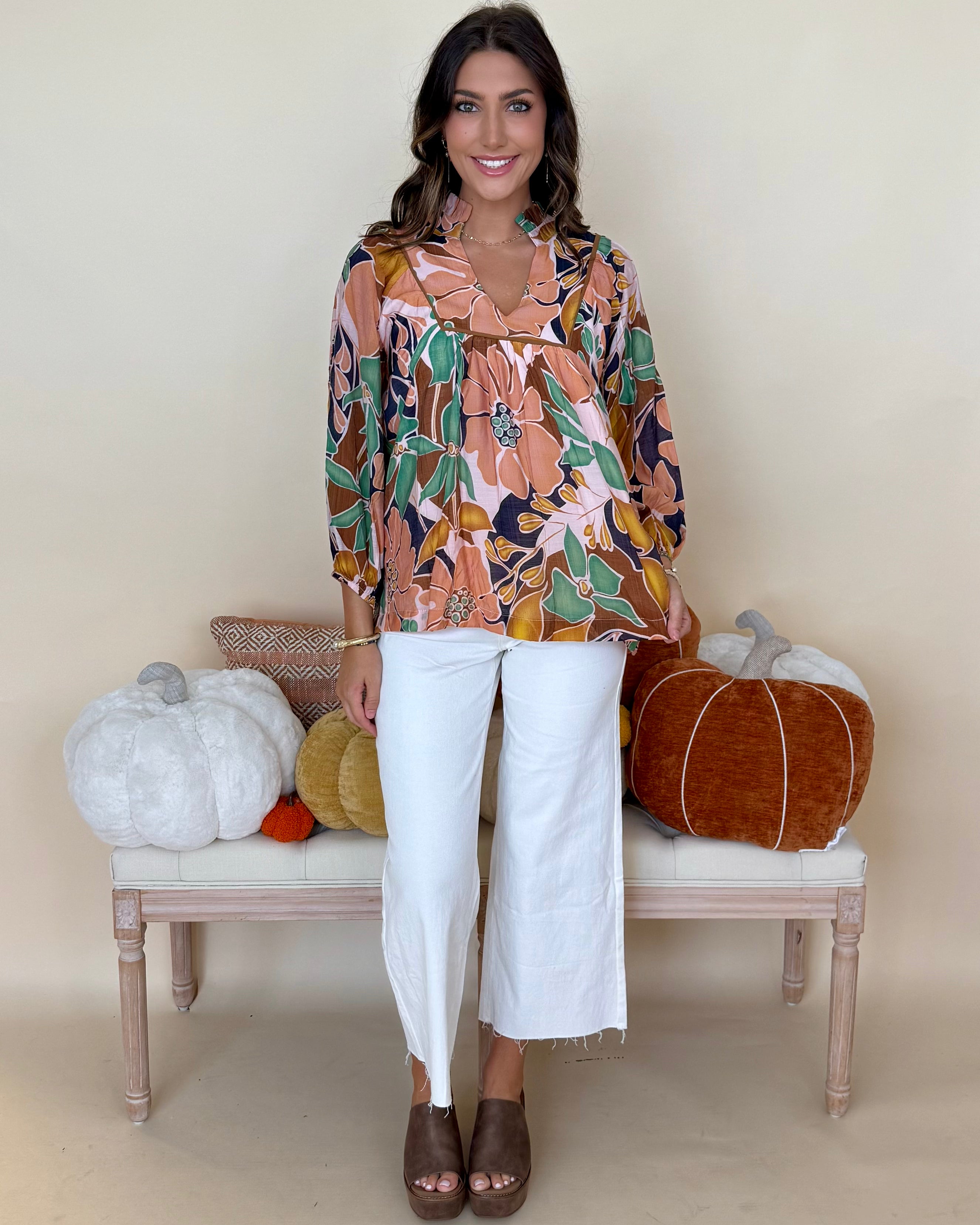 Add Joy Green Mix Abstract Ruffle Top-Shop-Womens-Boutique-Clothing