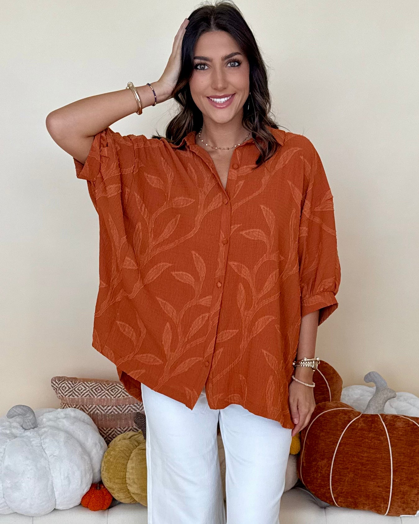 Softly Spoken Rust Jacquard Leaf Top-Shop-Womens-Boutique-Clothing