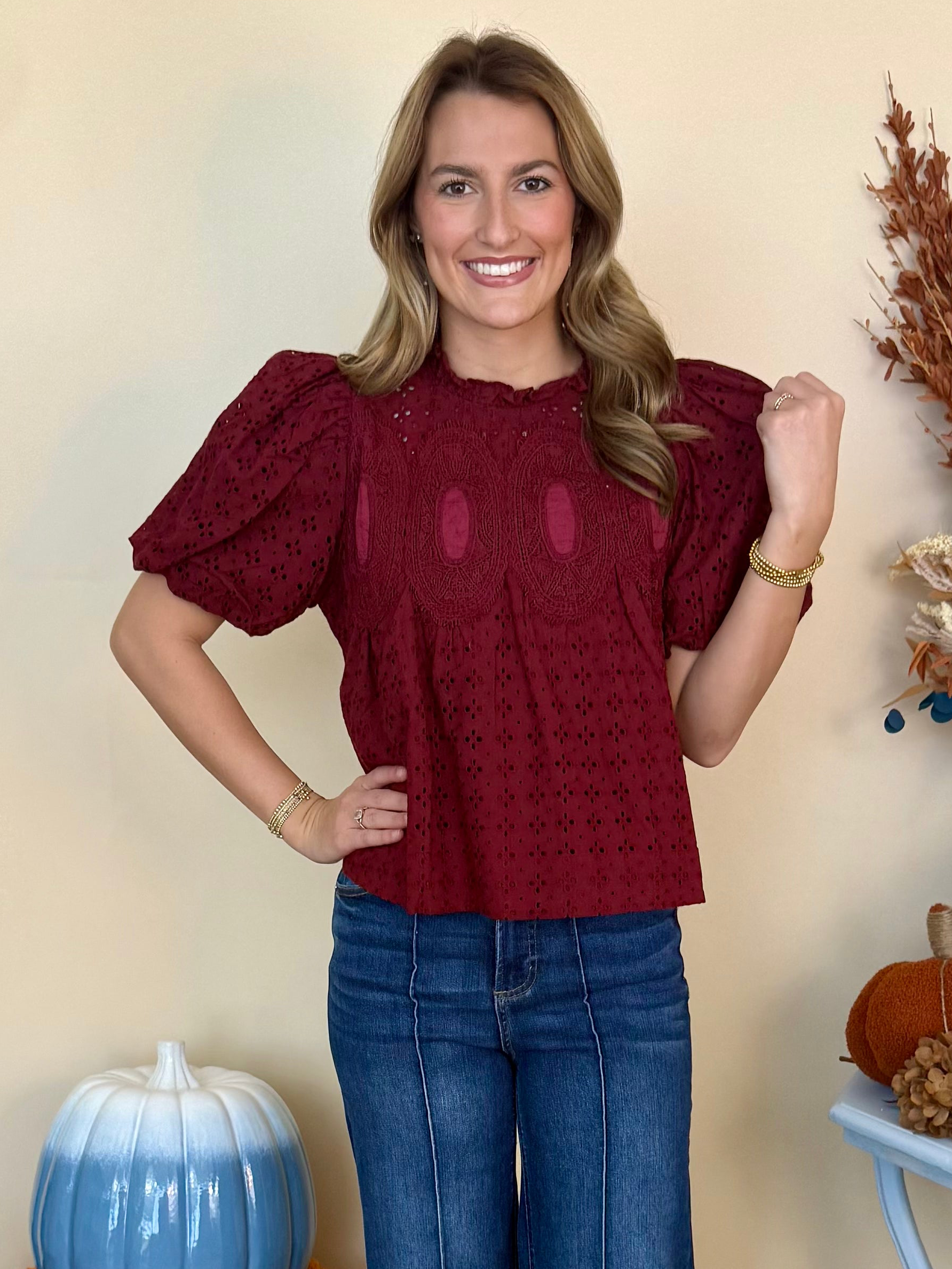 Wildly Yours Burgundy Eyelet Crochet Trim Top-Shop-Womens-Boutique-Clothing