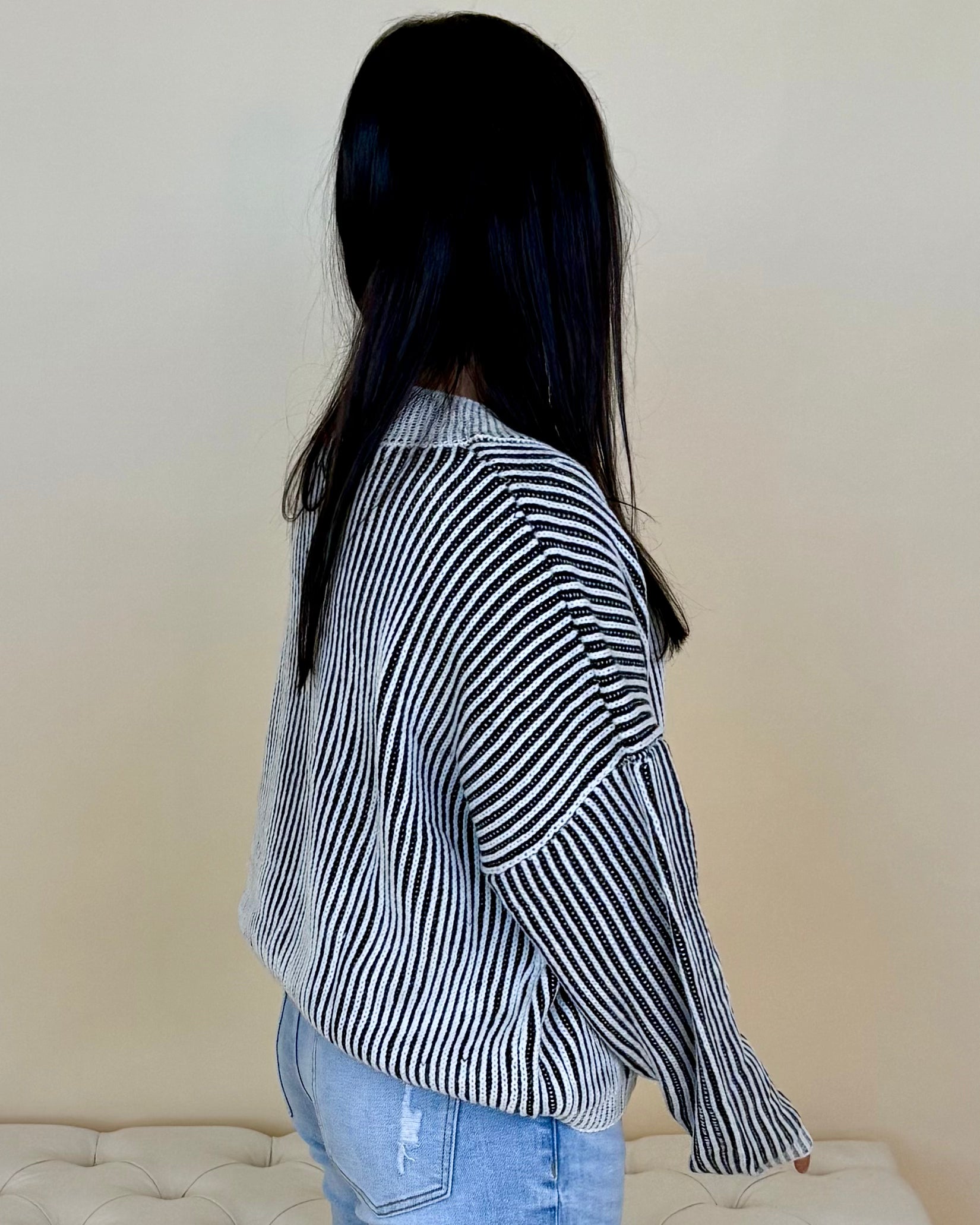 Own Moments Black Striped V-Neck Sweater-Shop-Womens-Boutique-Clothing